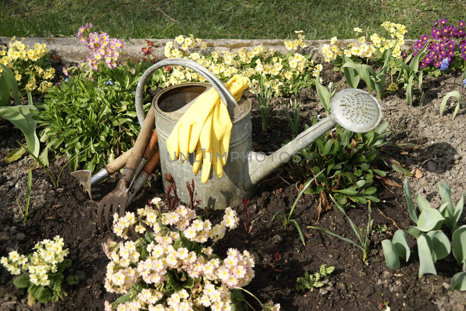 Garden tools among spring flowers close up by mulden