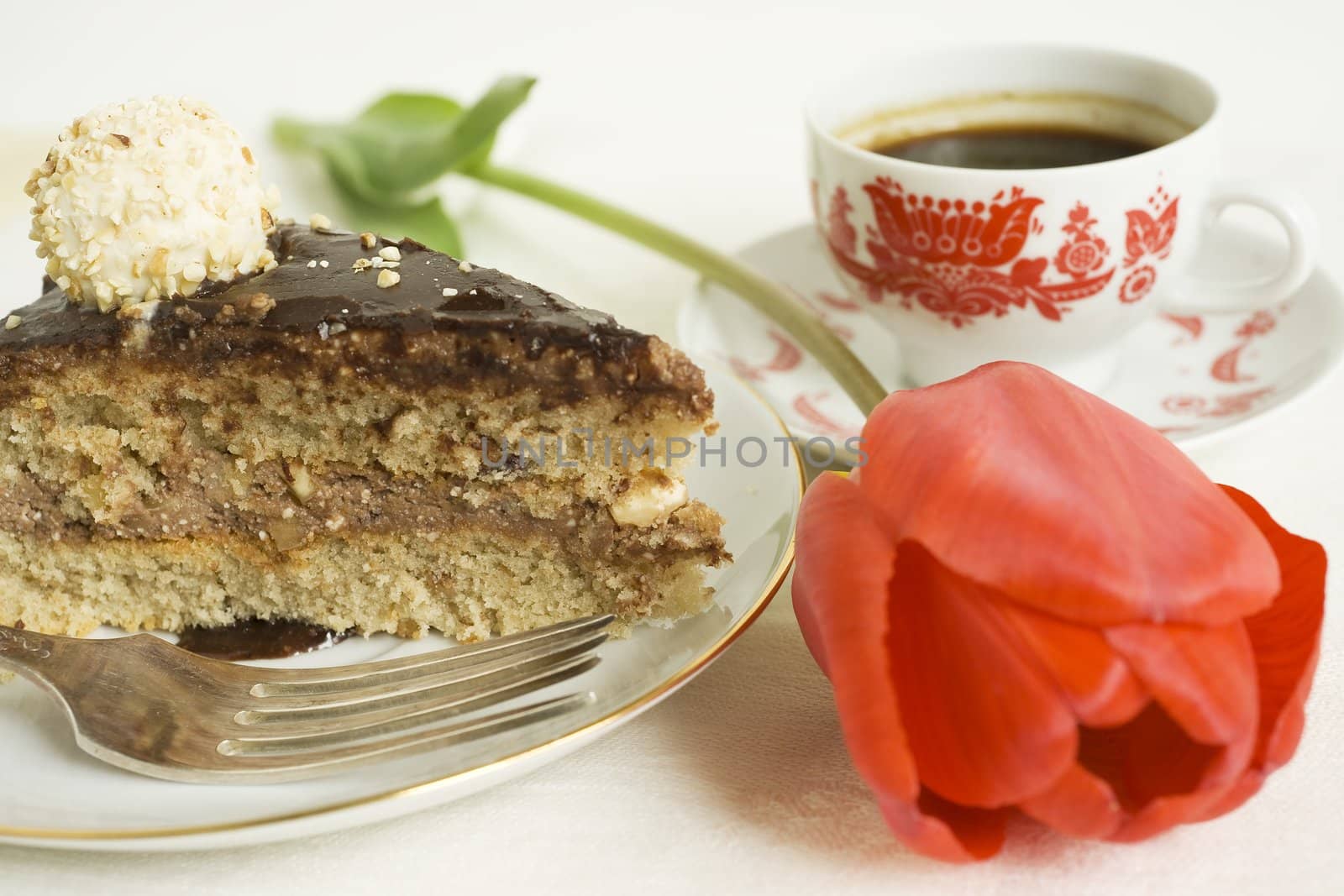 Piece of chocolate cake with coffee cup and red tulip on the table