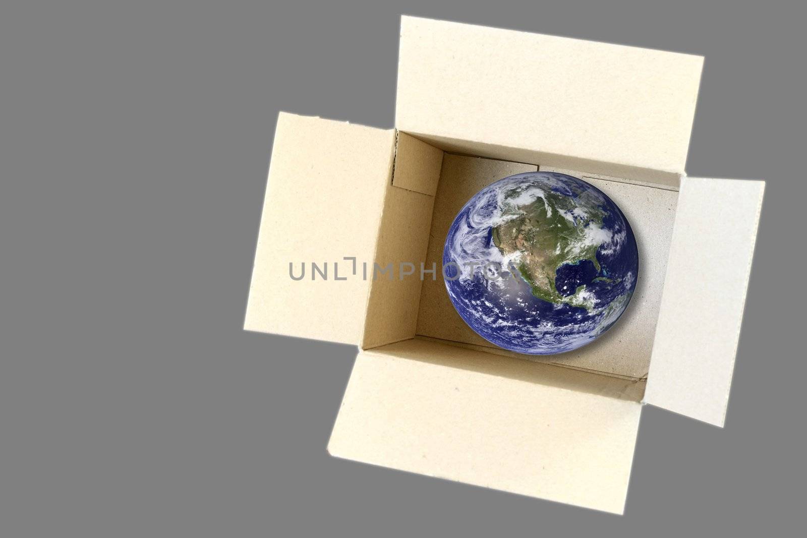 Open Carboard Box and planet earth - concept for ecology ecosystem recycling.