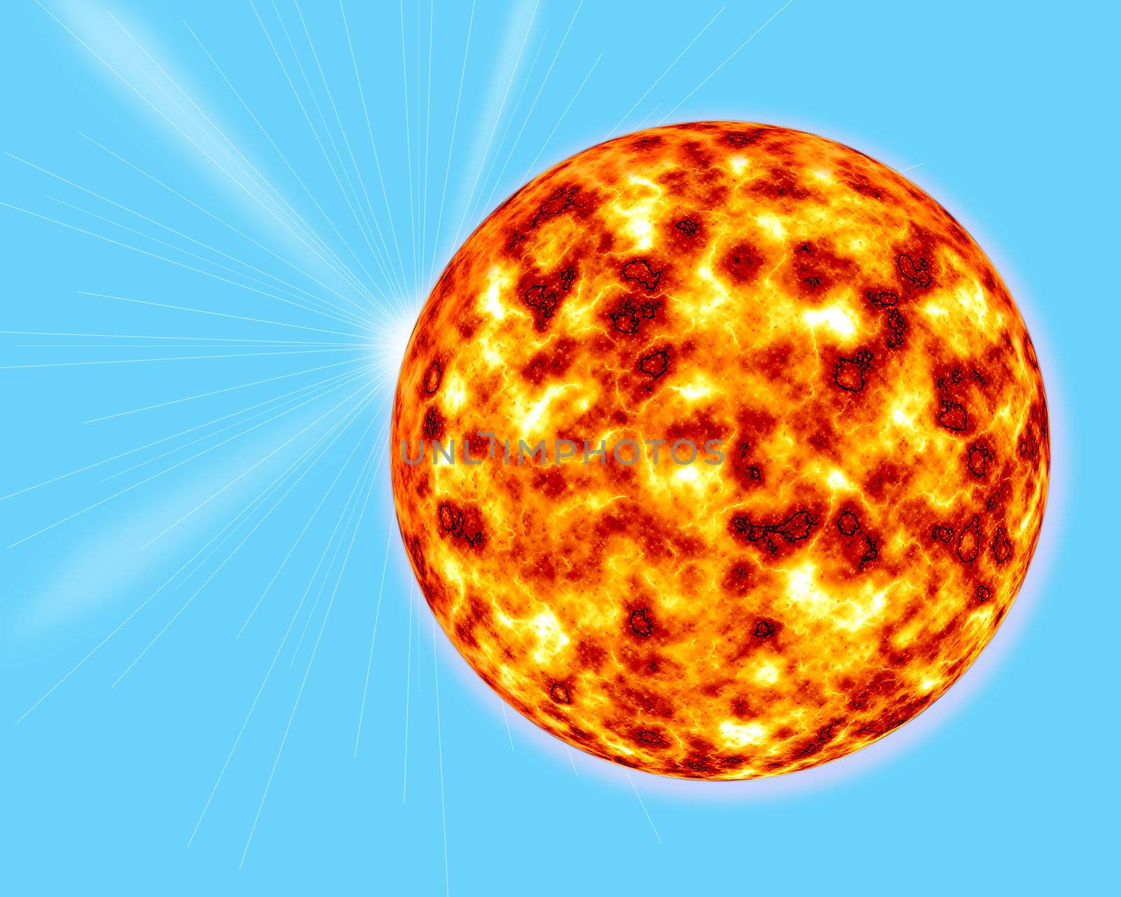 
computer generated 3d sun with abstract sun beams on blue background