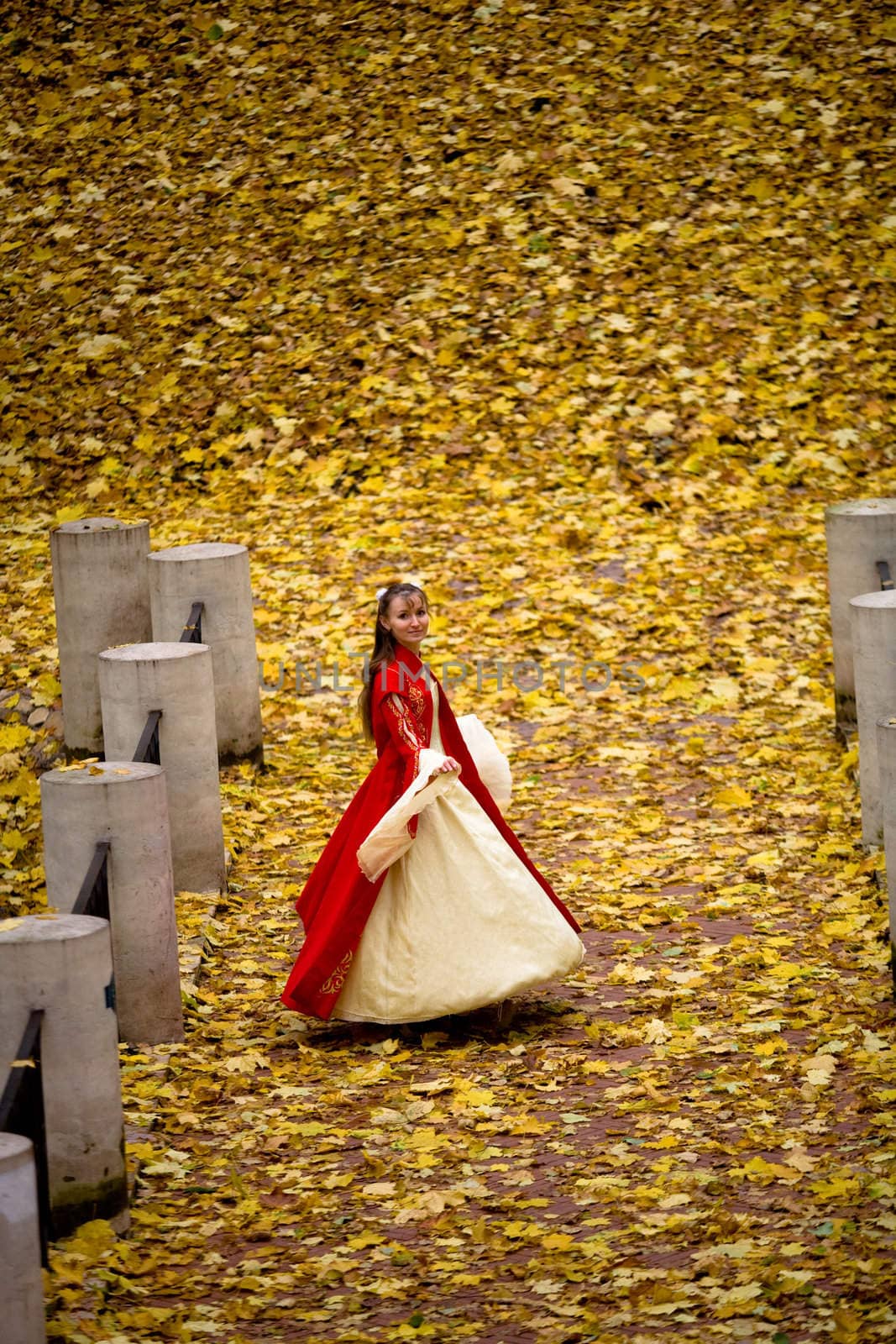 lady in medieval red dress in the autumn forest
