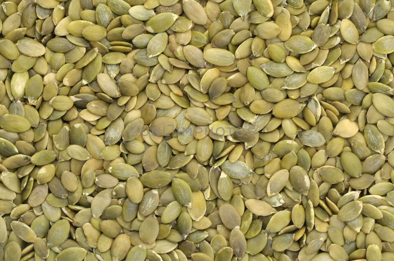 Top view of hulled pumpkin seeds in natural light