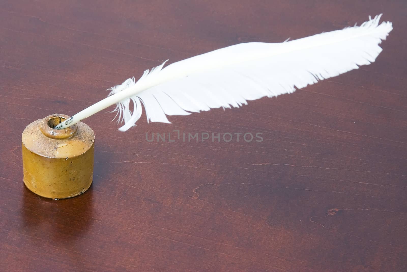 A vintage quill pen is resting in an inkwell.