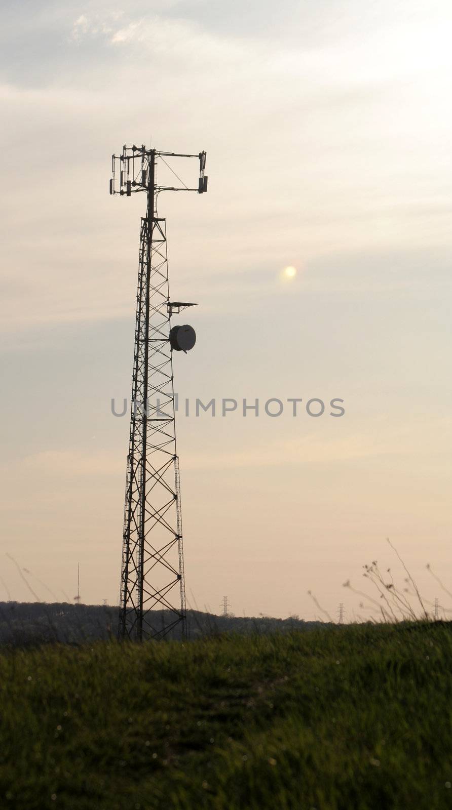 A cell phone tower with a grass base.