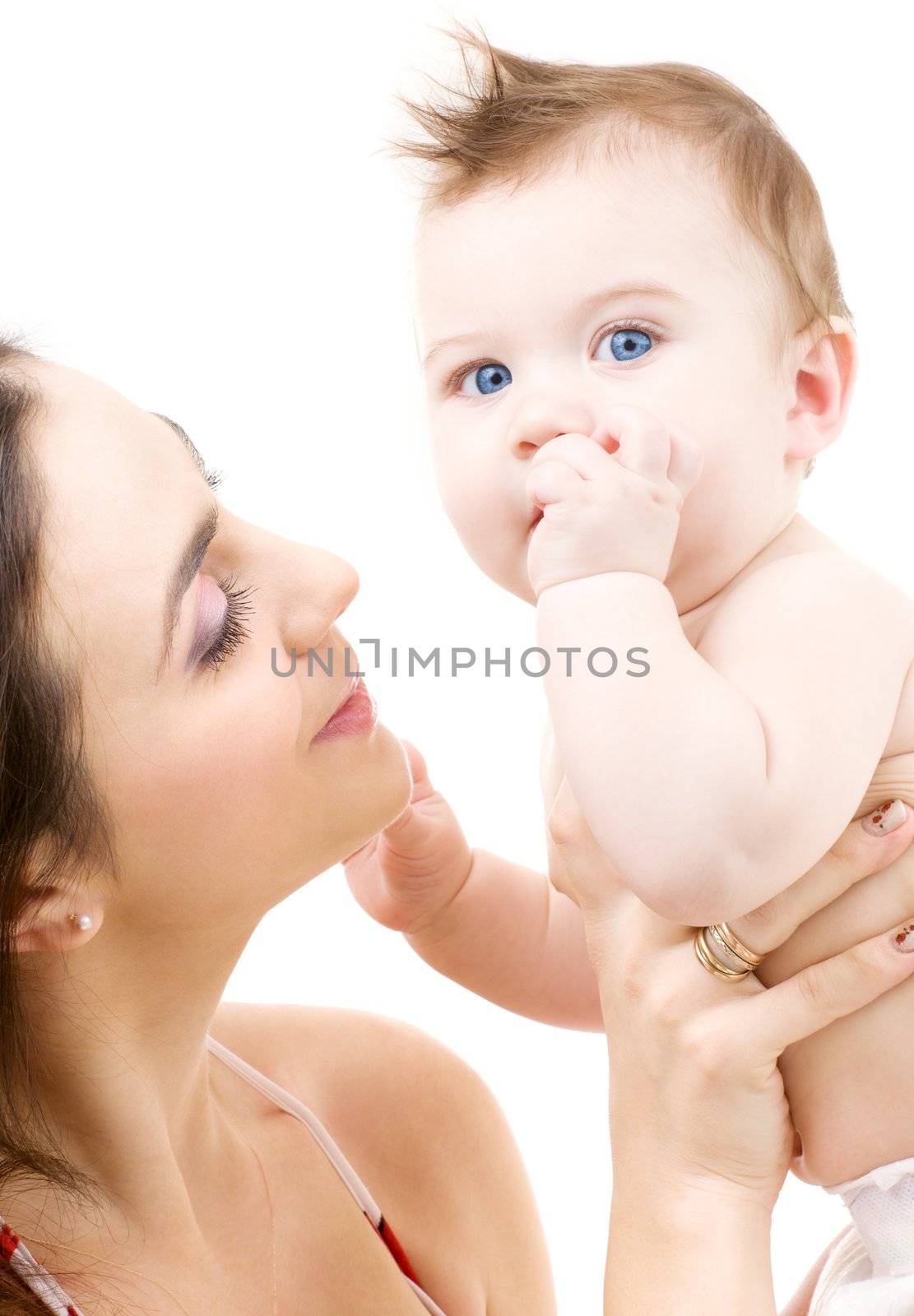 picture of happy mother with baby over white