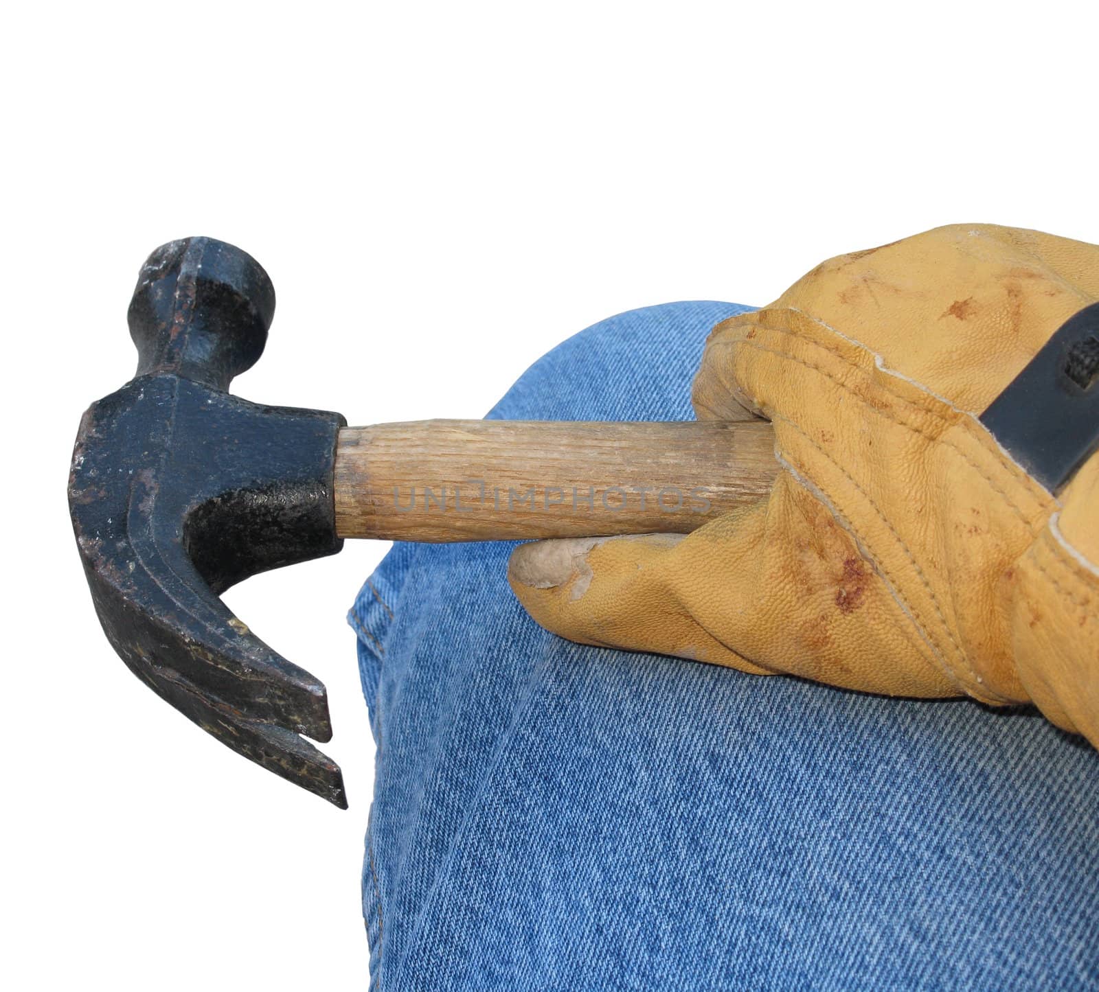 Construction worker with gloved hand holding tool against a white background.
