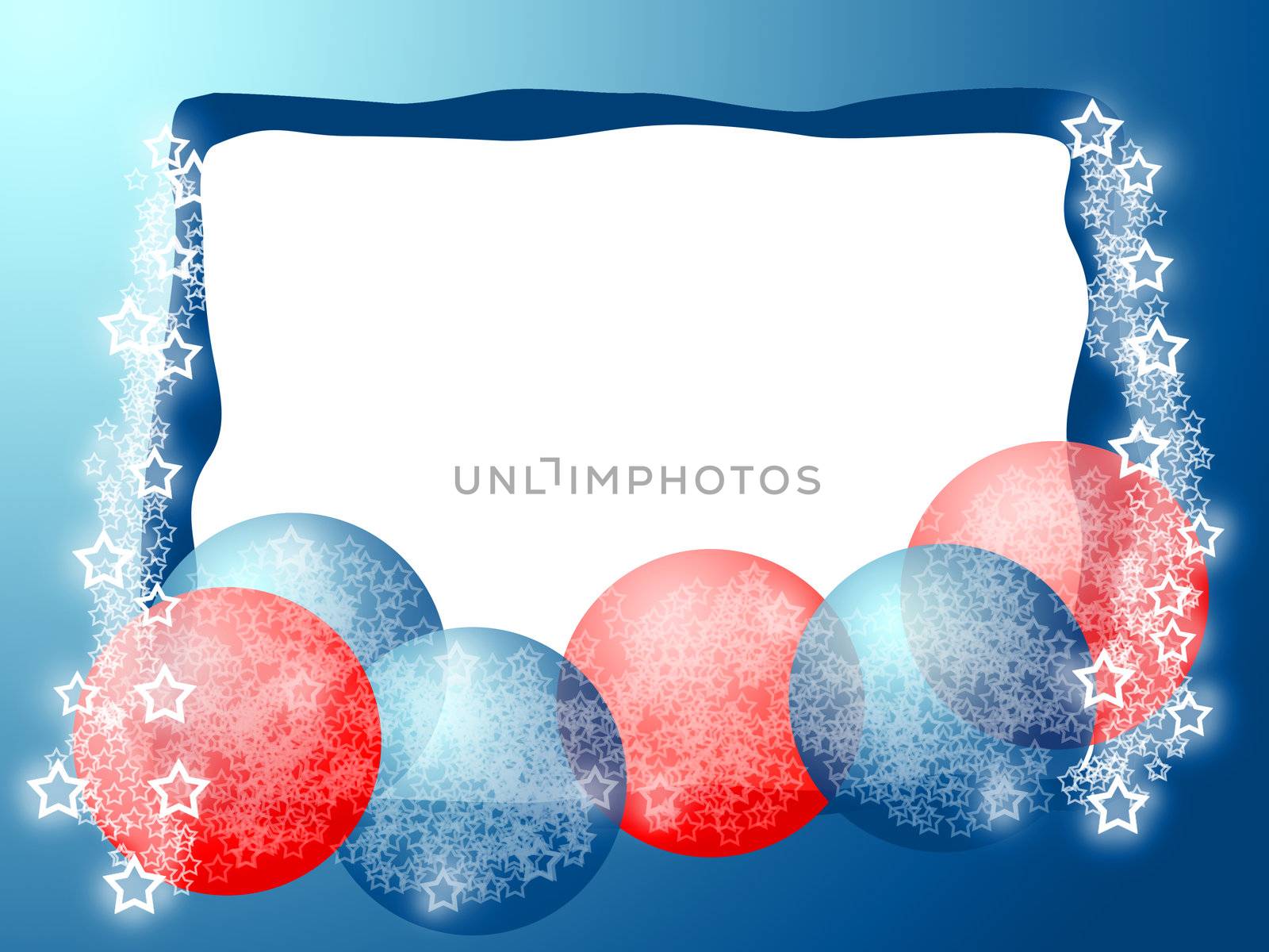 Bright Christmass Frame with Glass Red and Blue Baubles Balls ans White Blank Background