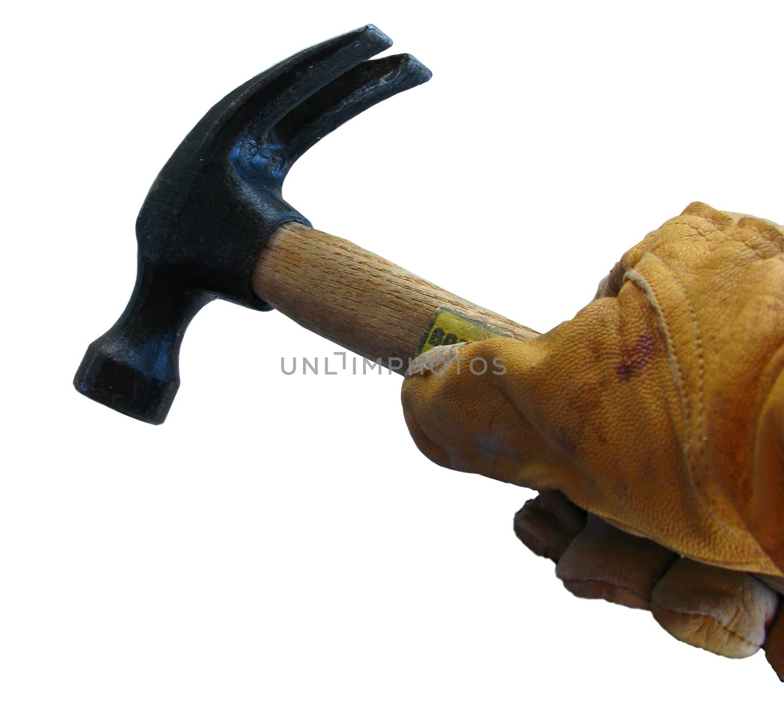 Construction worker with gloved hand holding tool against a white background.