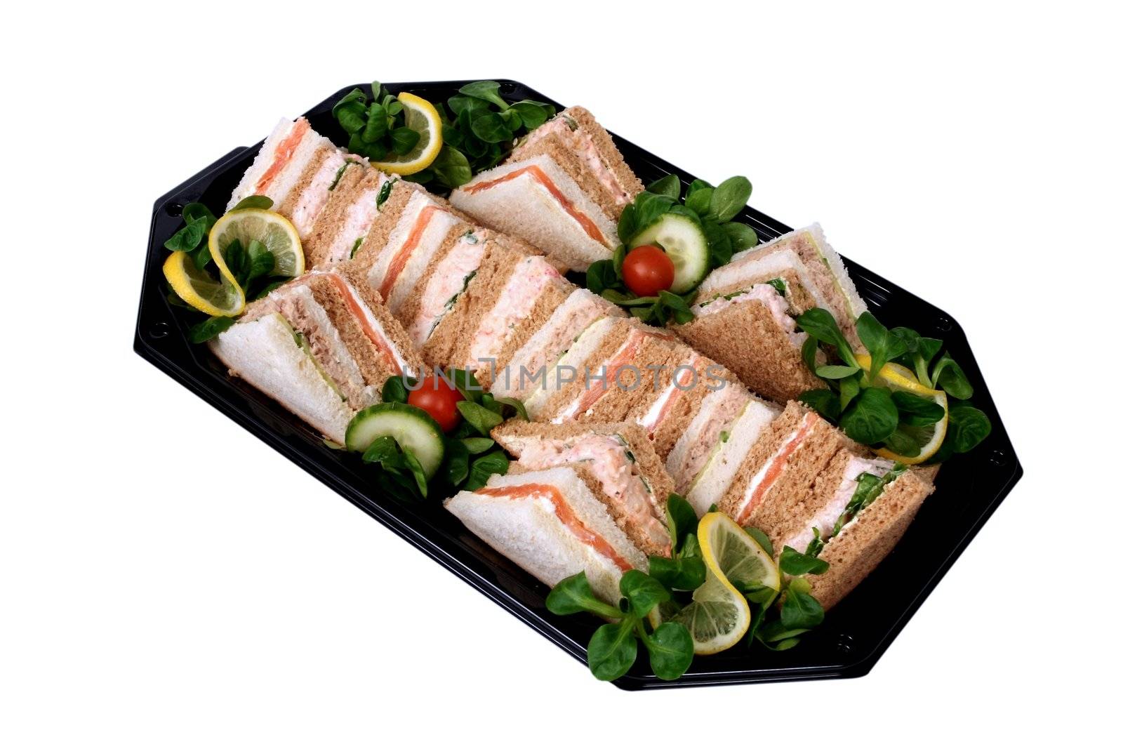 A business sandwich platter on a black tray