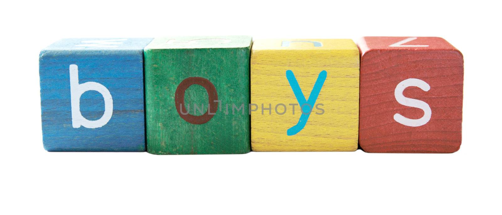 the word 'boys' in colorful children's block letters isolated on white