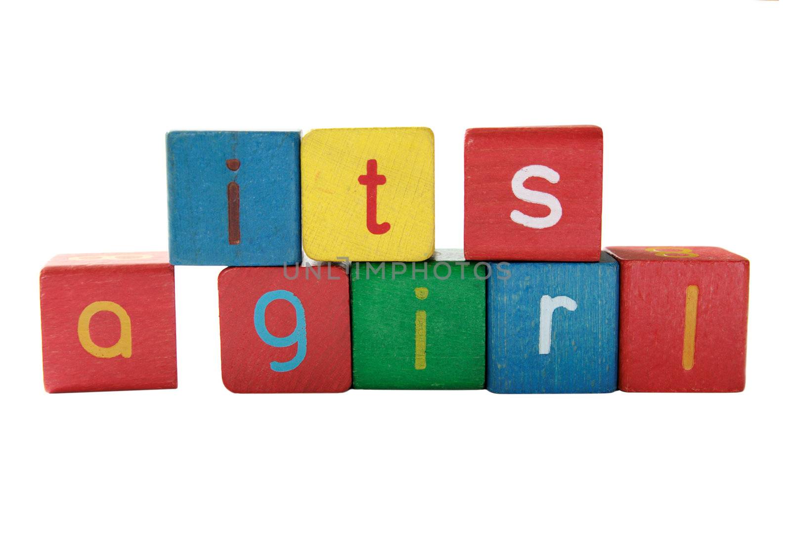 'it's a girl' in colorful children's block letters
