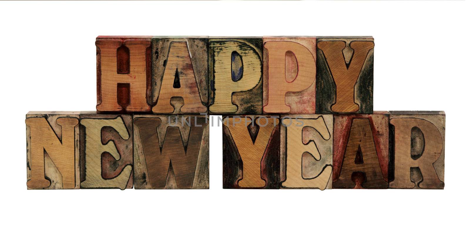 Happy New Year in letterpress wood letters by nebari