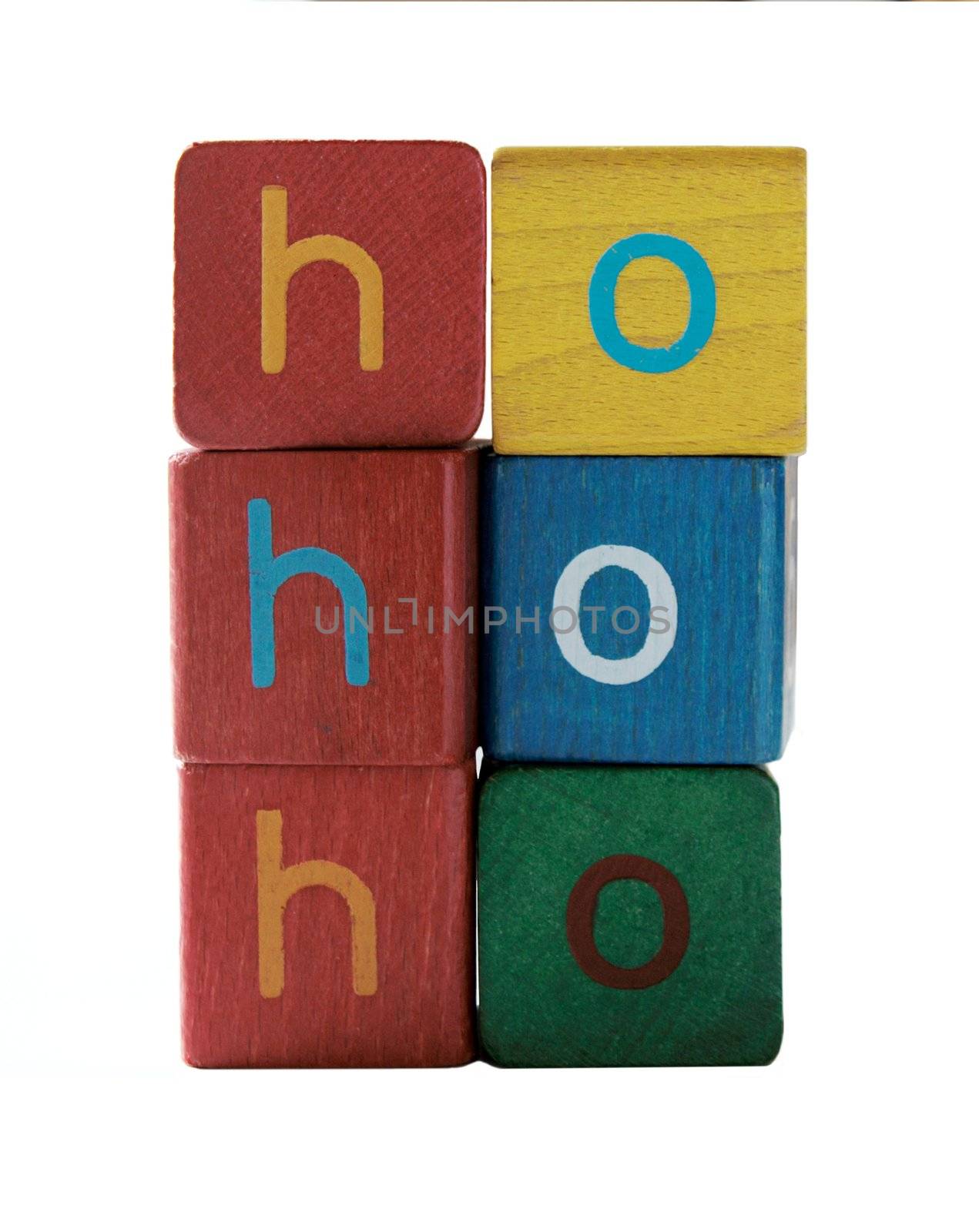 ho ho ho in colorful children's block letters, isolated on white
