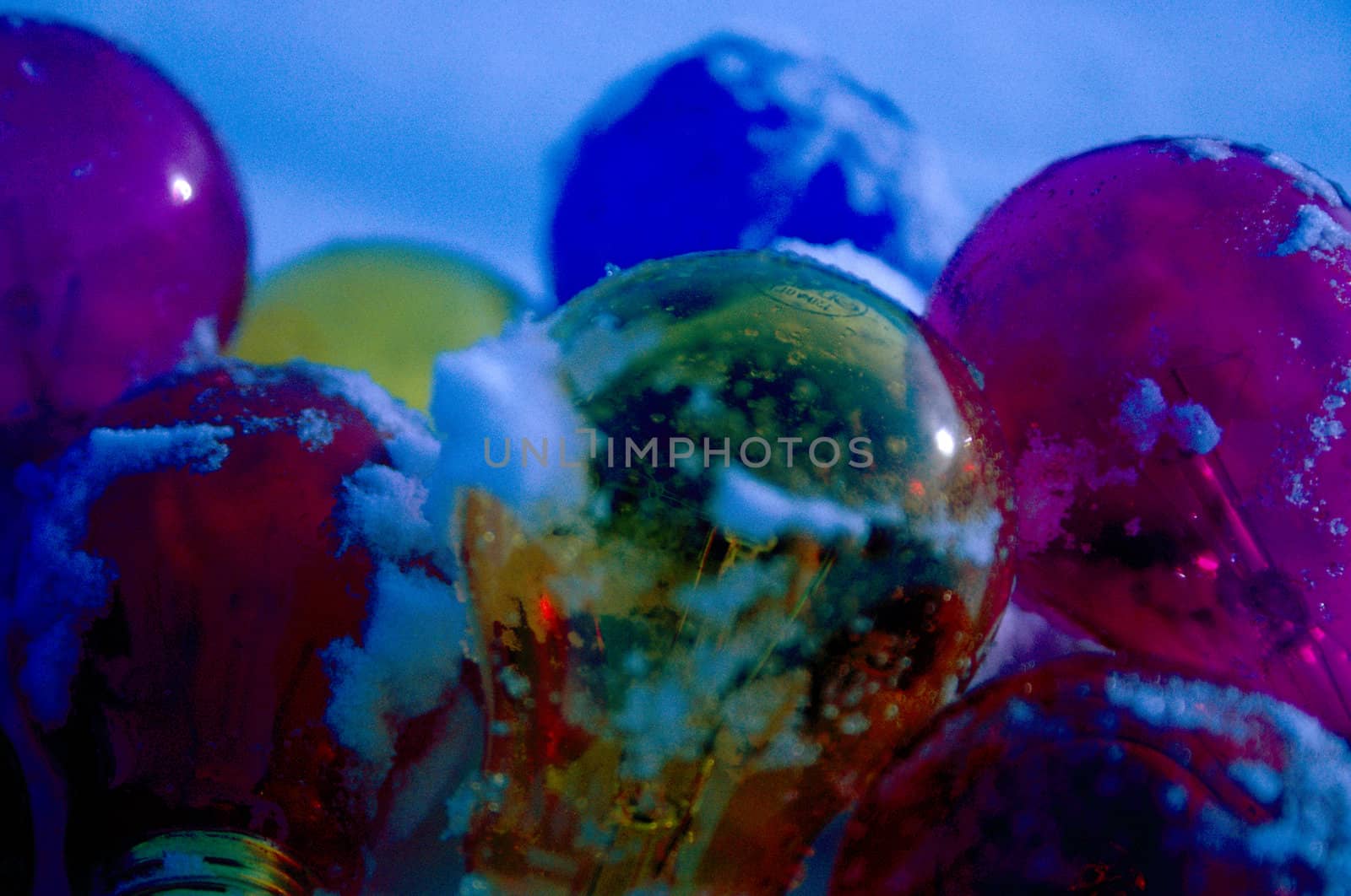 Colored light bulb covered with snow