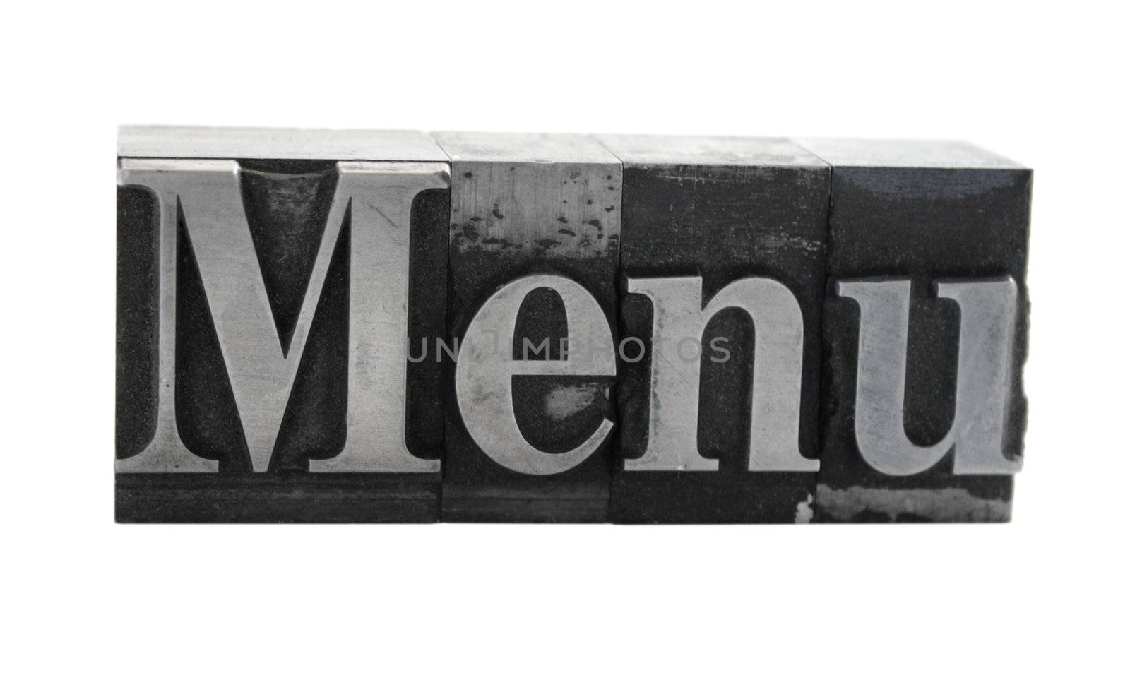 old, ink-stained metal type letters form the word 'menu'