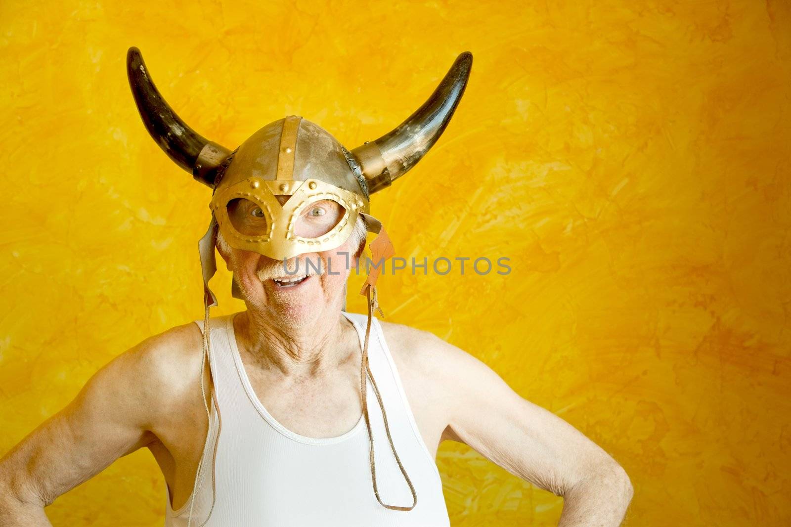 Crazy Old Man in a Tee-Shirt and a Viking Helmet