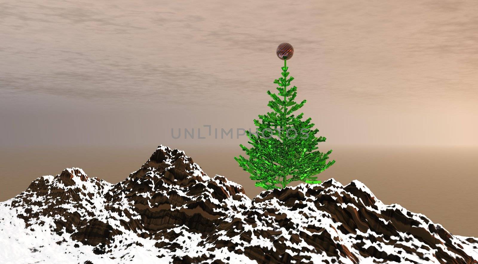 Merry Christmas and tree and mountain
