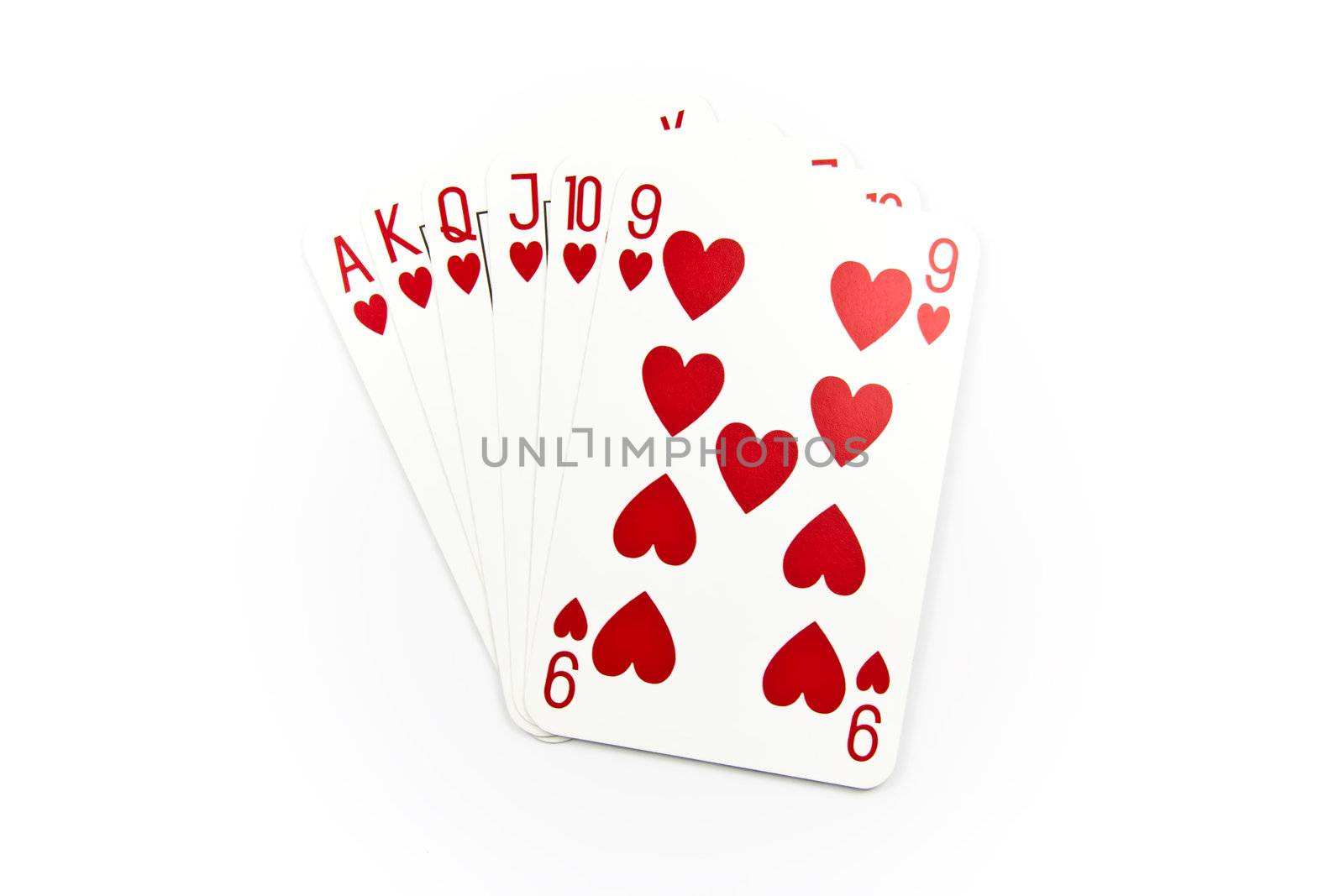 Six top heart cards isolated on white