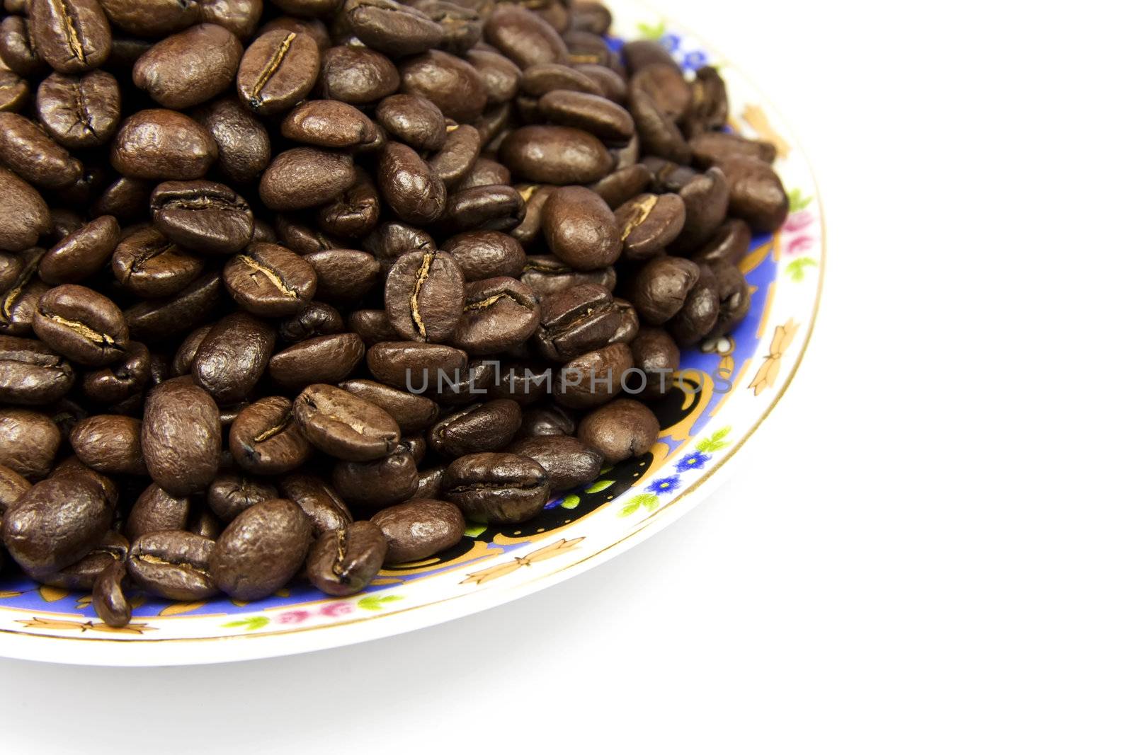 Coffe beans with plate isolated on white background