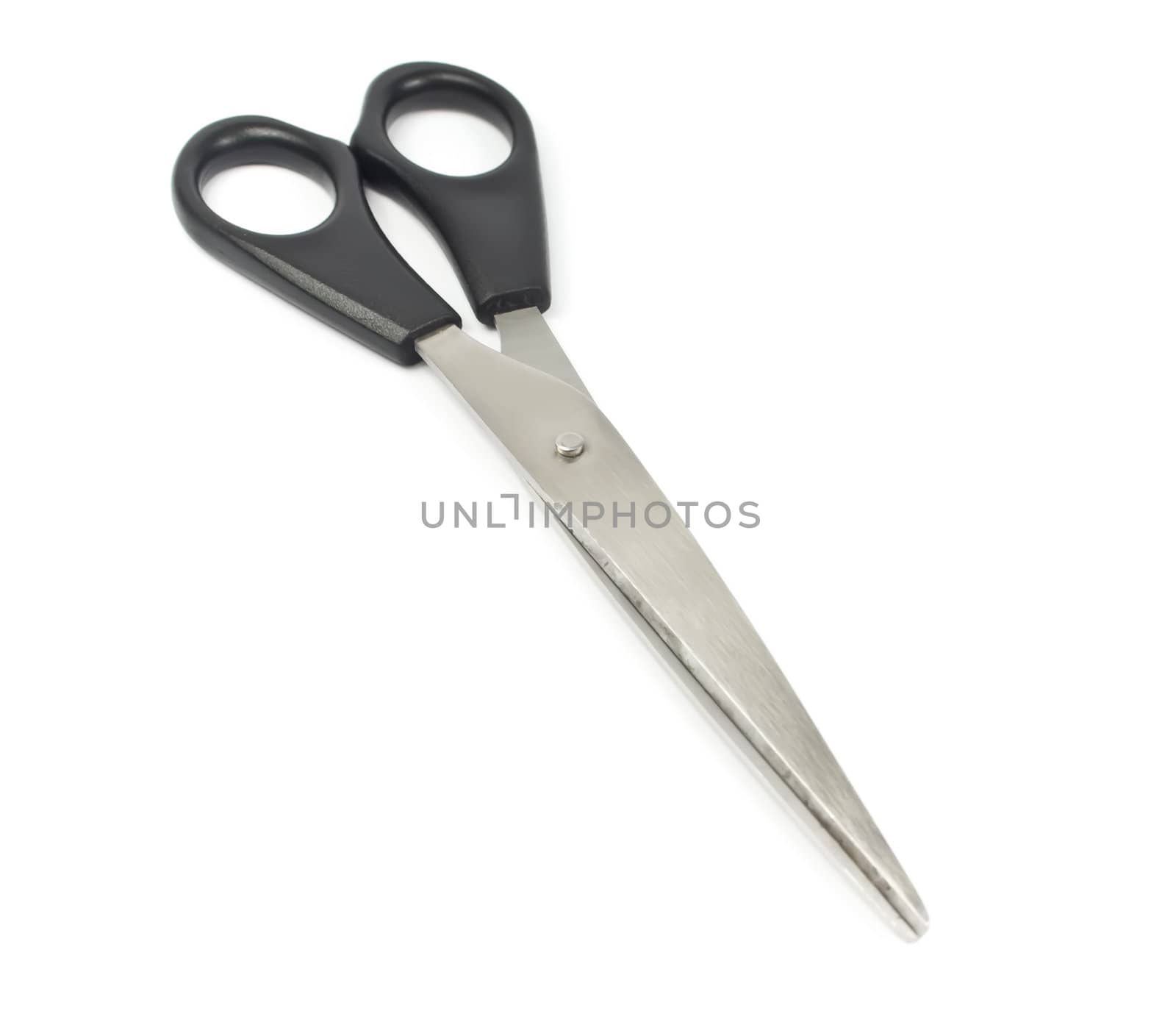 Black scissors isolated one white background