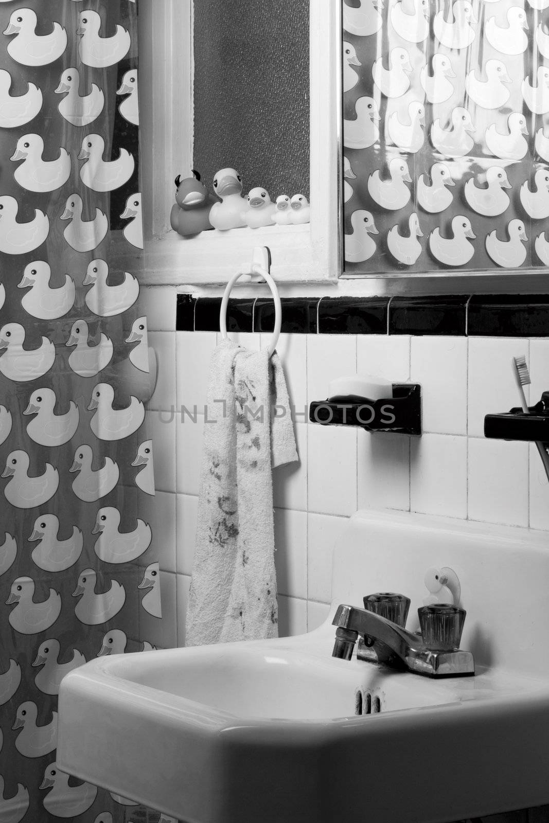 Appartment bathroom decorected with a rubber duck theme