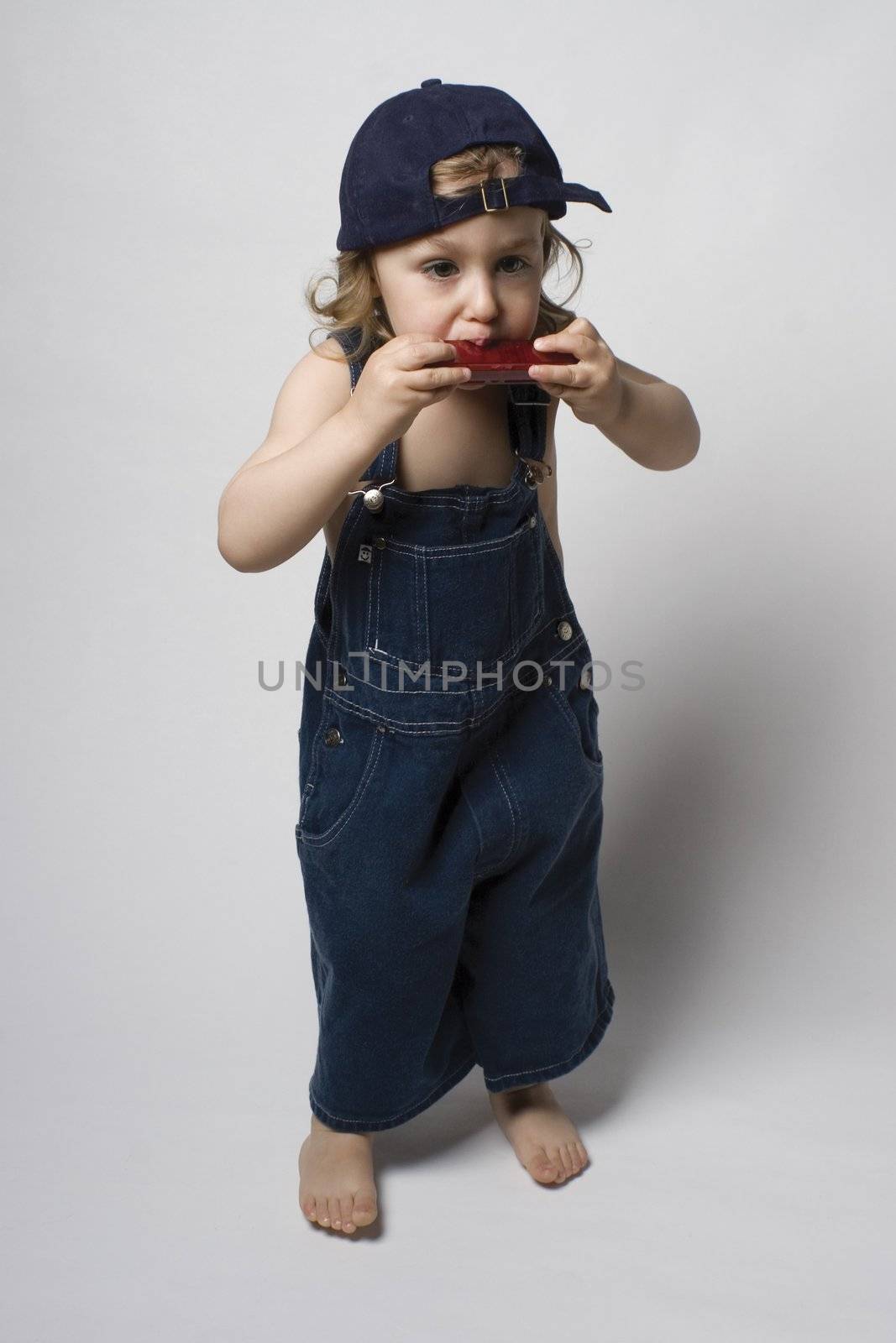 Two year old boy playing harmonica on white background
