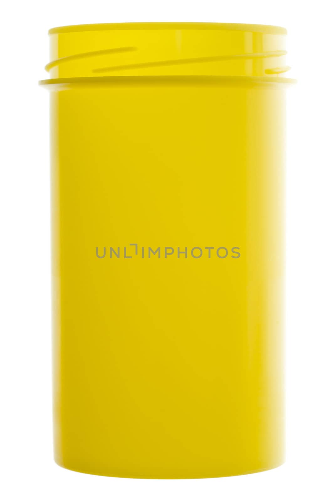 Plastic yellow can over a white background