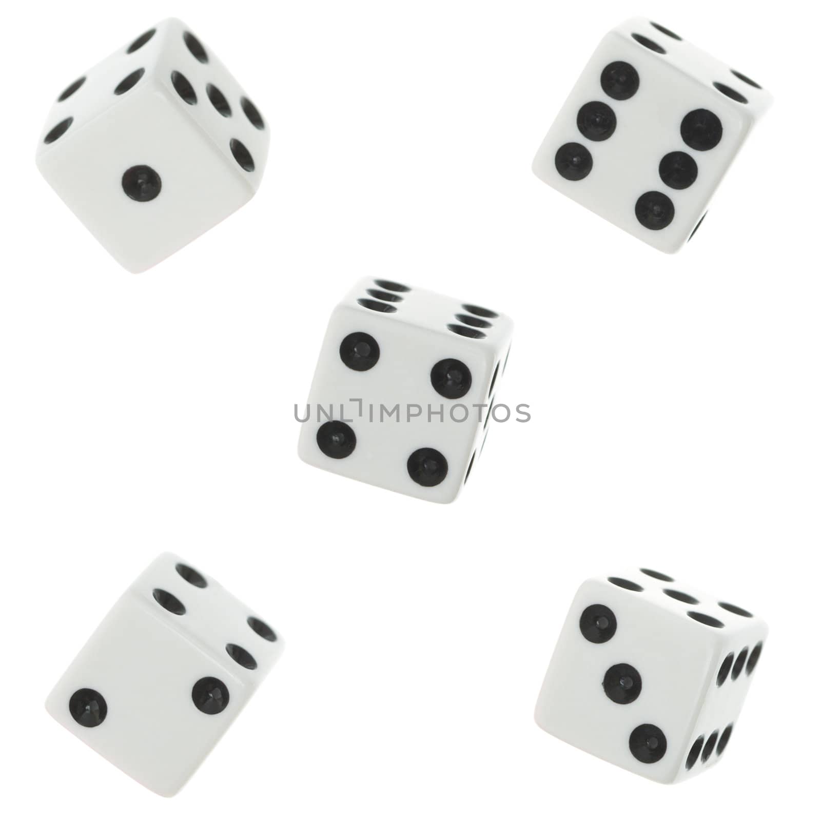 Five osolated dices over white background