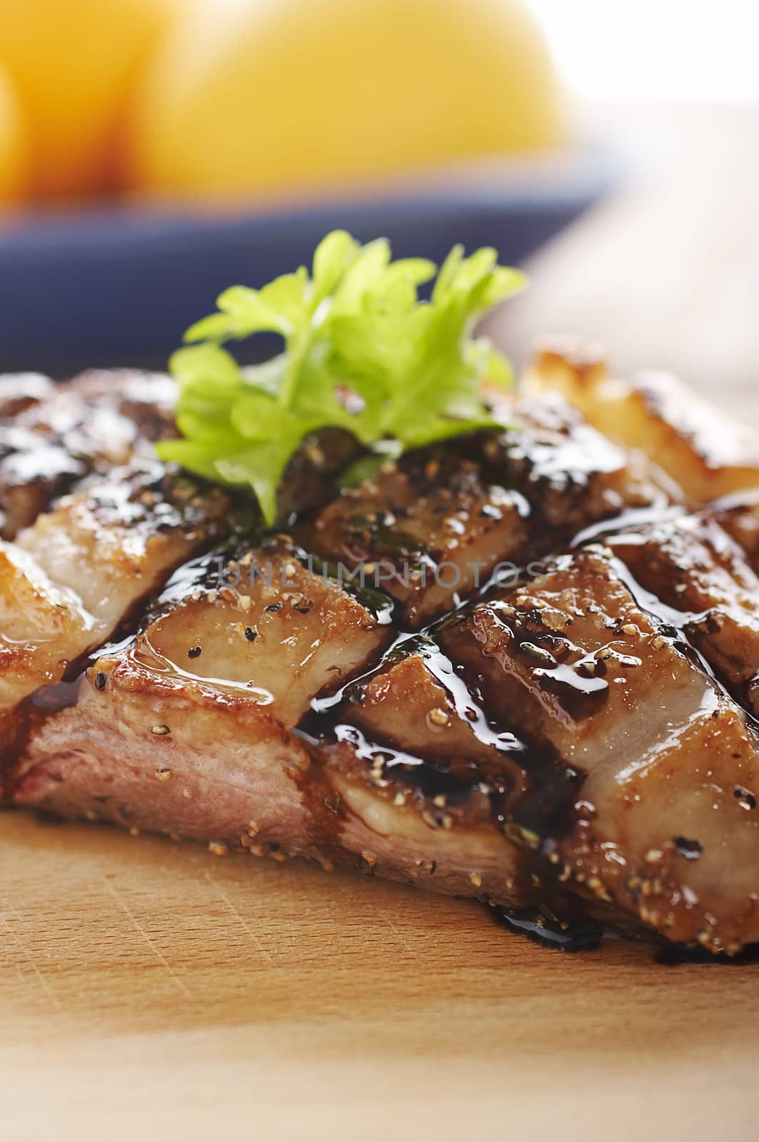 Close up of duck fillet on the wood board