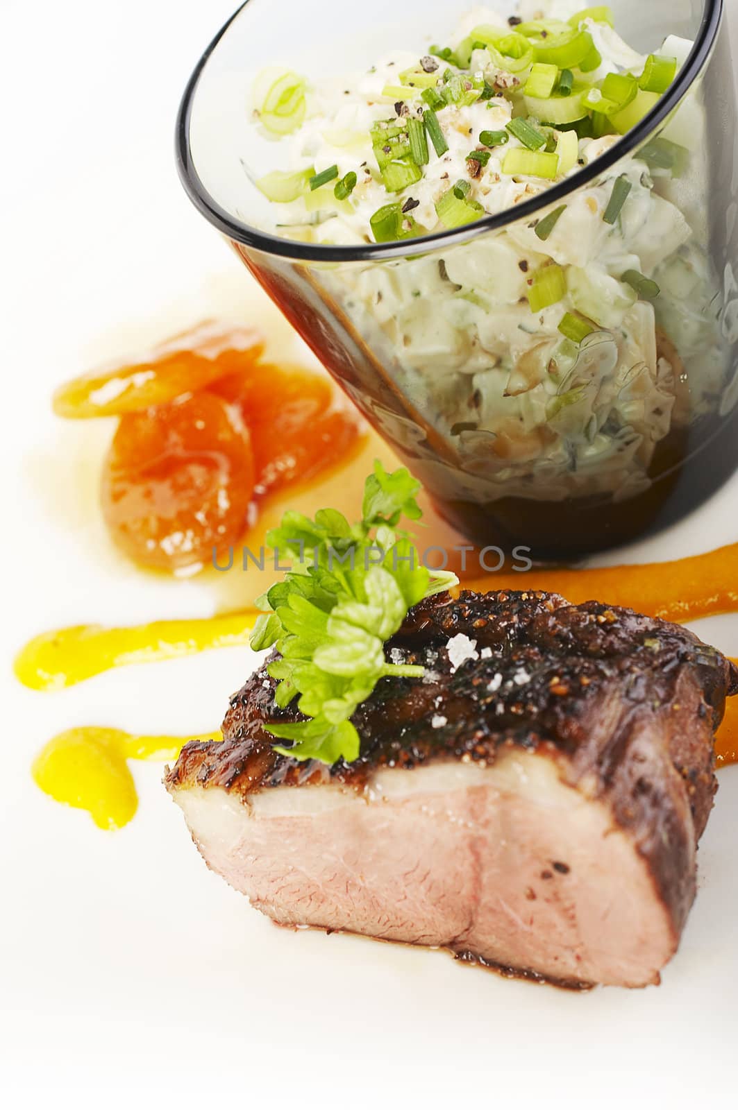 Duck fillet and carrot mousse on the plate with side dish
