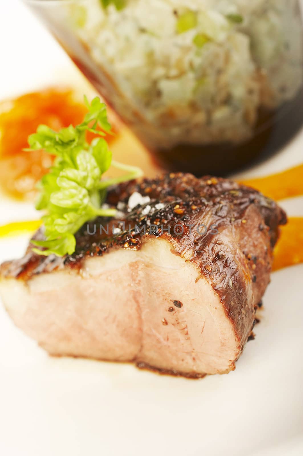 Duck fillet and carrot mousse on the plate with side dish