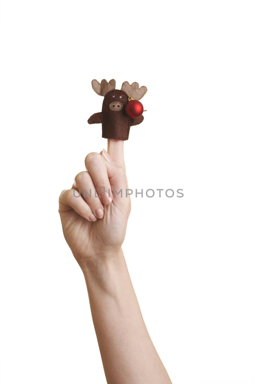 Isolated girl's hand with finger puppet (moose/reindeer)