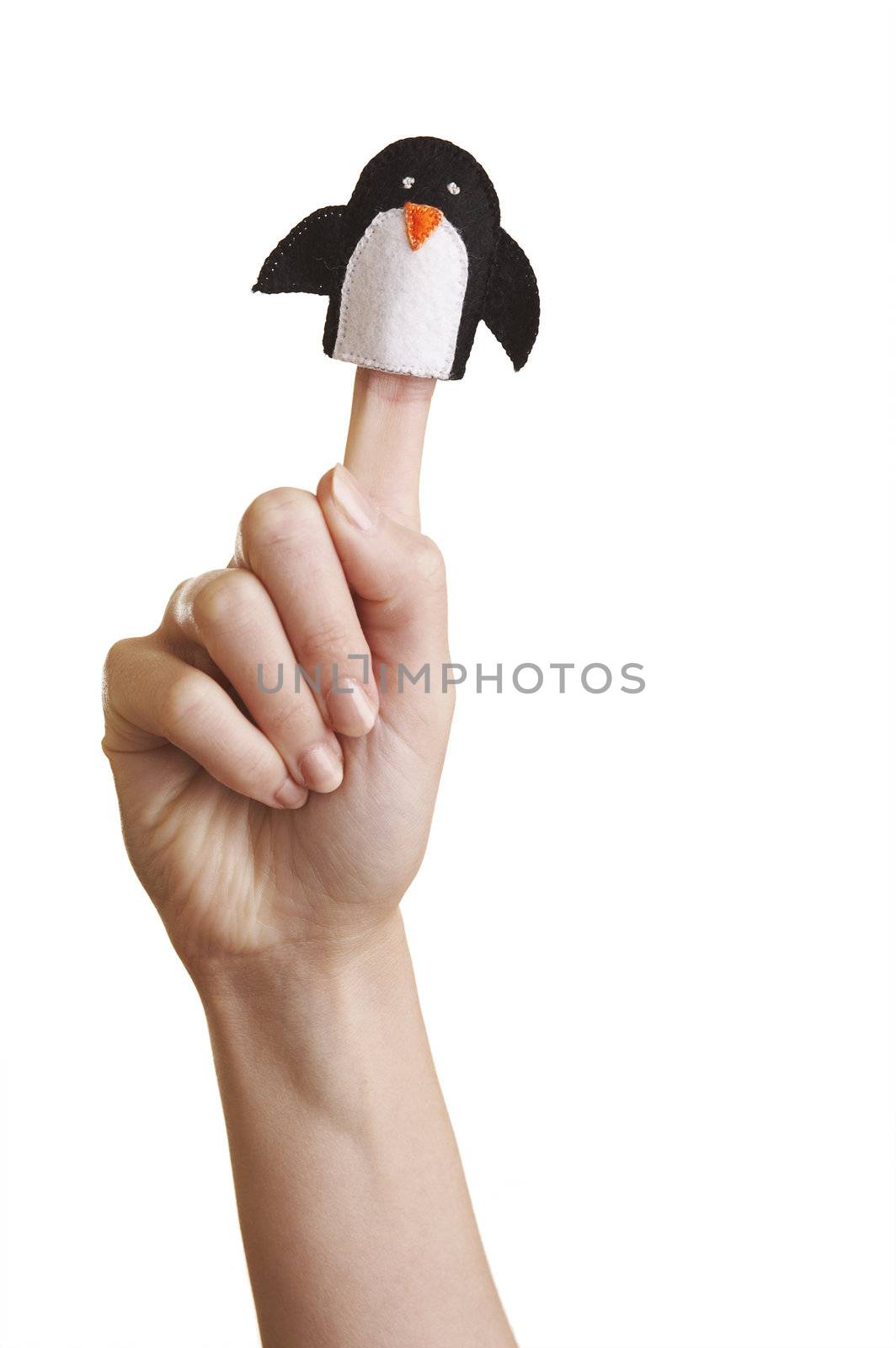 Isolated girl's hand with finger puppet (penguin)