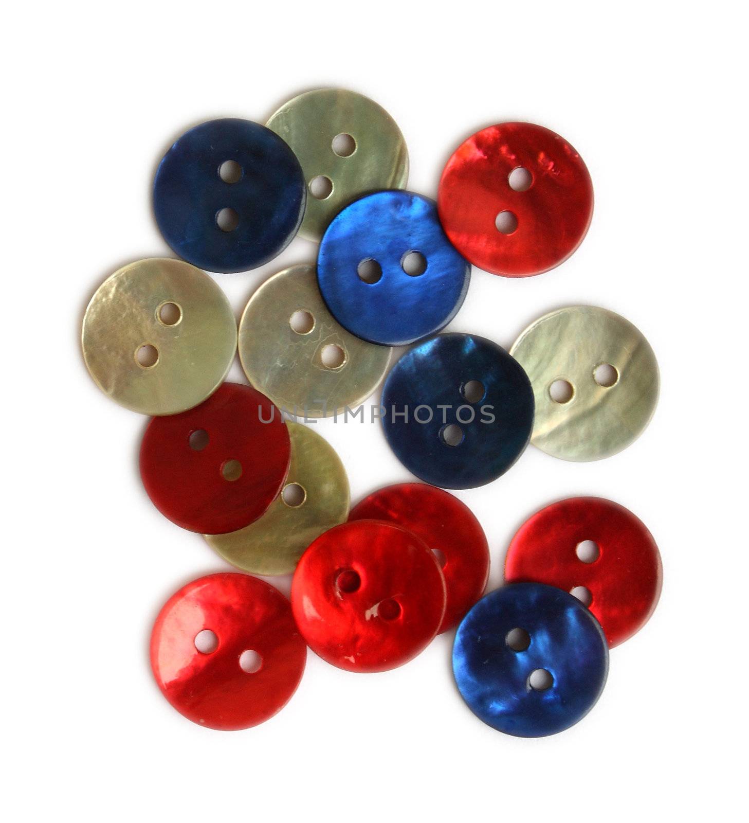 Red, white and blue buttons made from mother of pearl