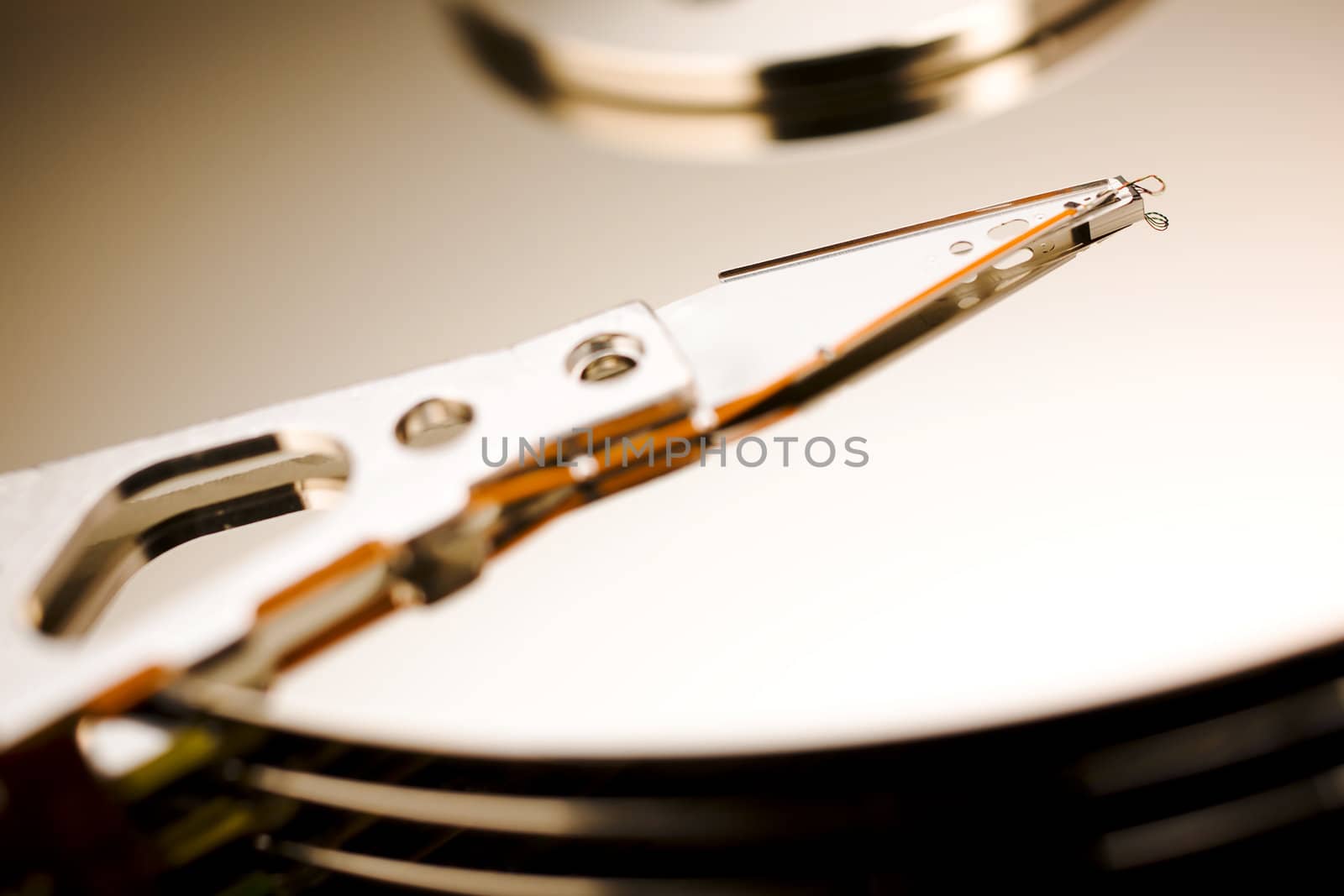 Close up of modern opened hard disk drive