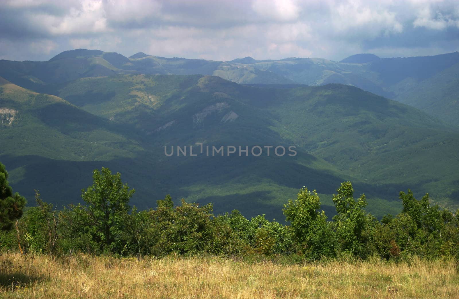 The image of mountains with shadows from clouds and a glade with a dry grass and green bushes