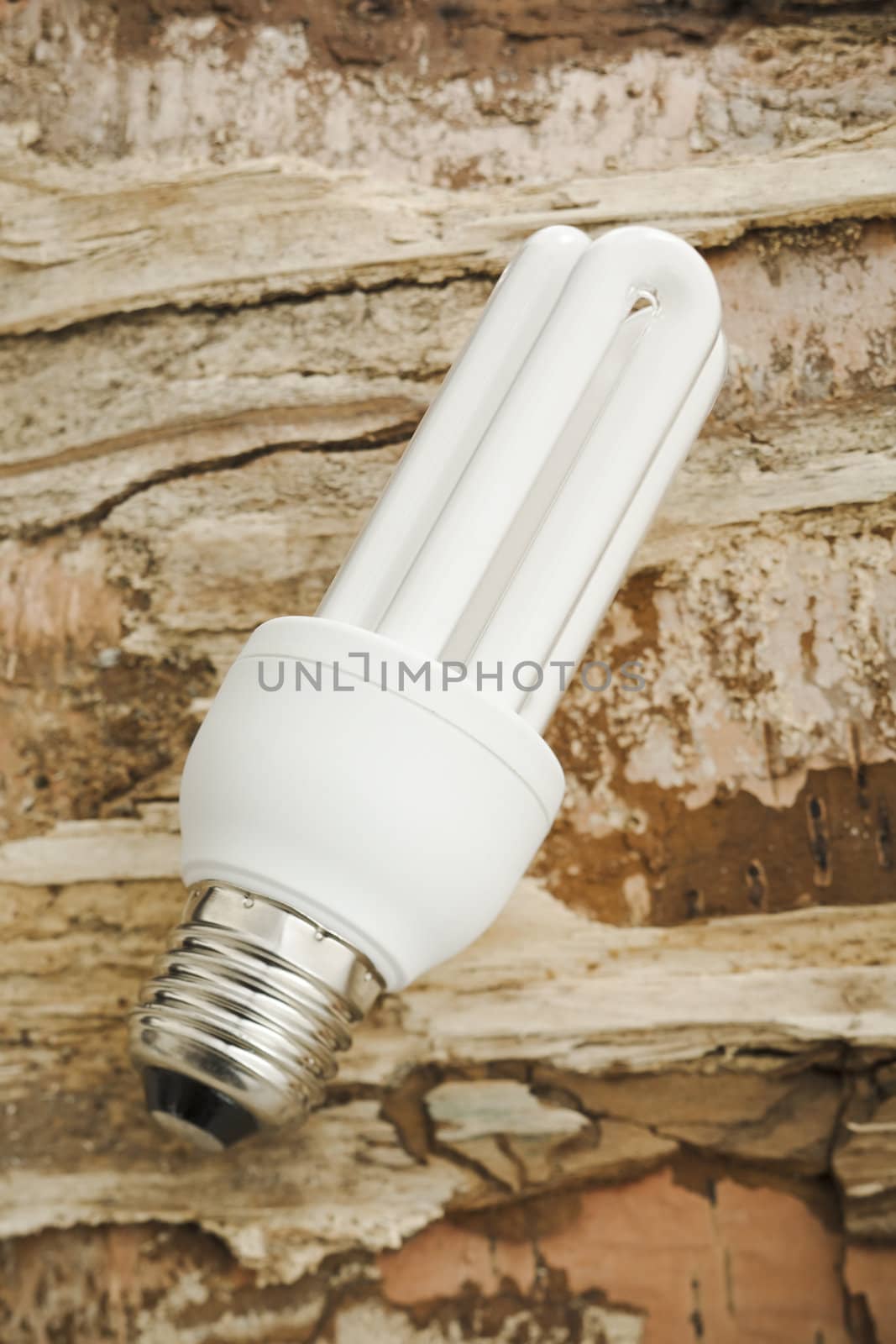 White fluorescent energy saver lamp over wood