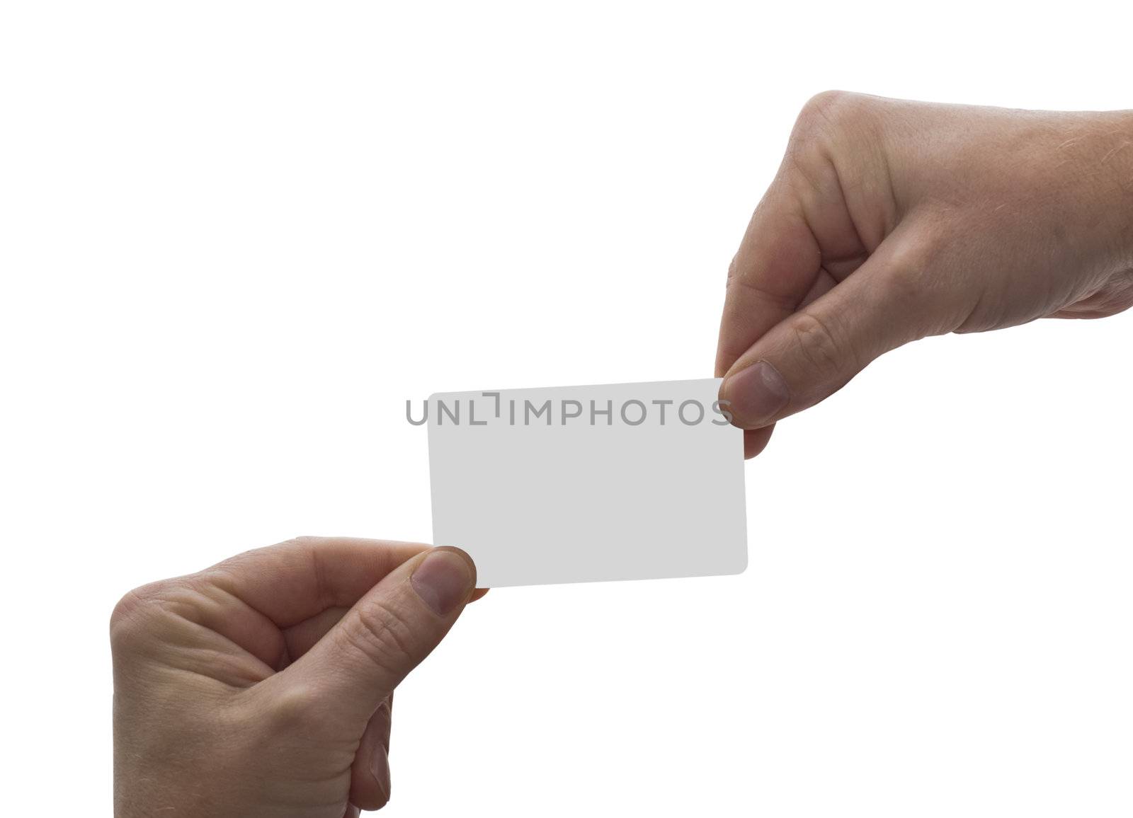 an isolated over white image of two caucasian men's hands exchanging a blank card, could be used for credit, payment, business etc