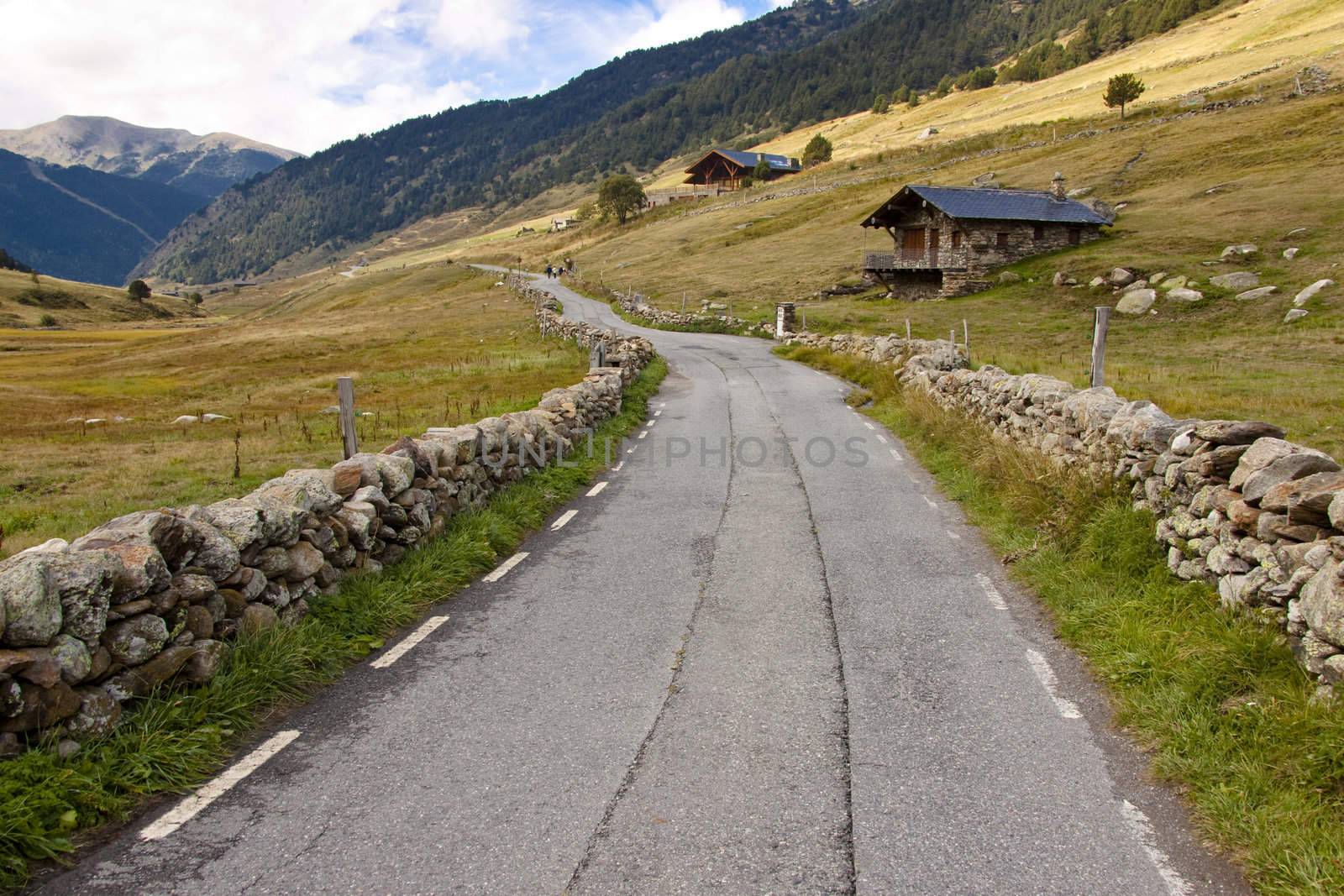 Country route, small stony houses in Pyrenees mountain - Andorra.