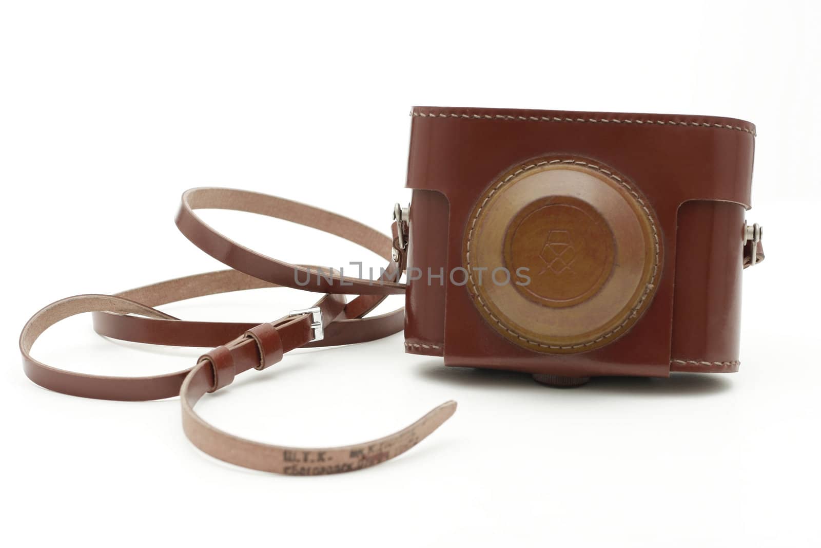 old antique brown analog photo camera bag isolated on white