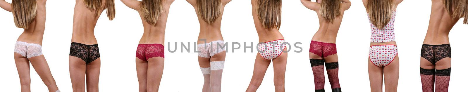 One girl in different underwear on white background