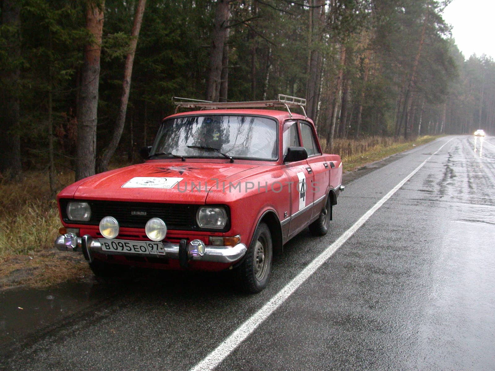 road in forest, rally car, moskvich 2140. no trademarks