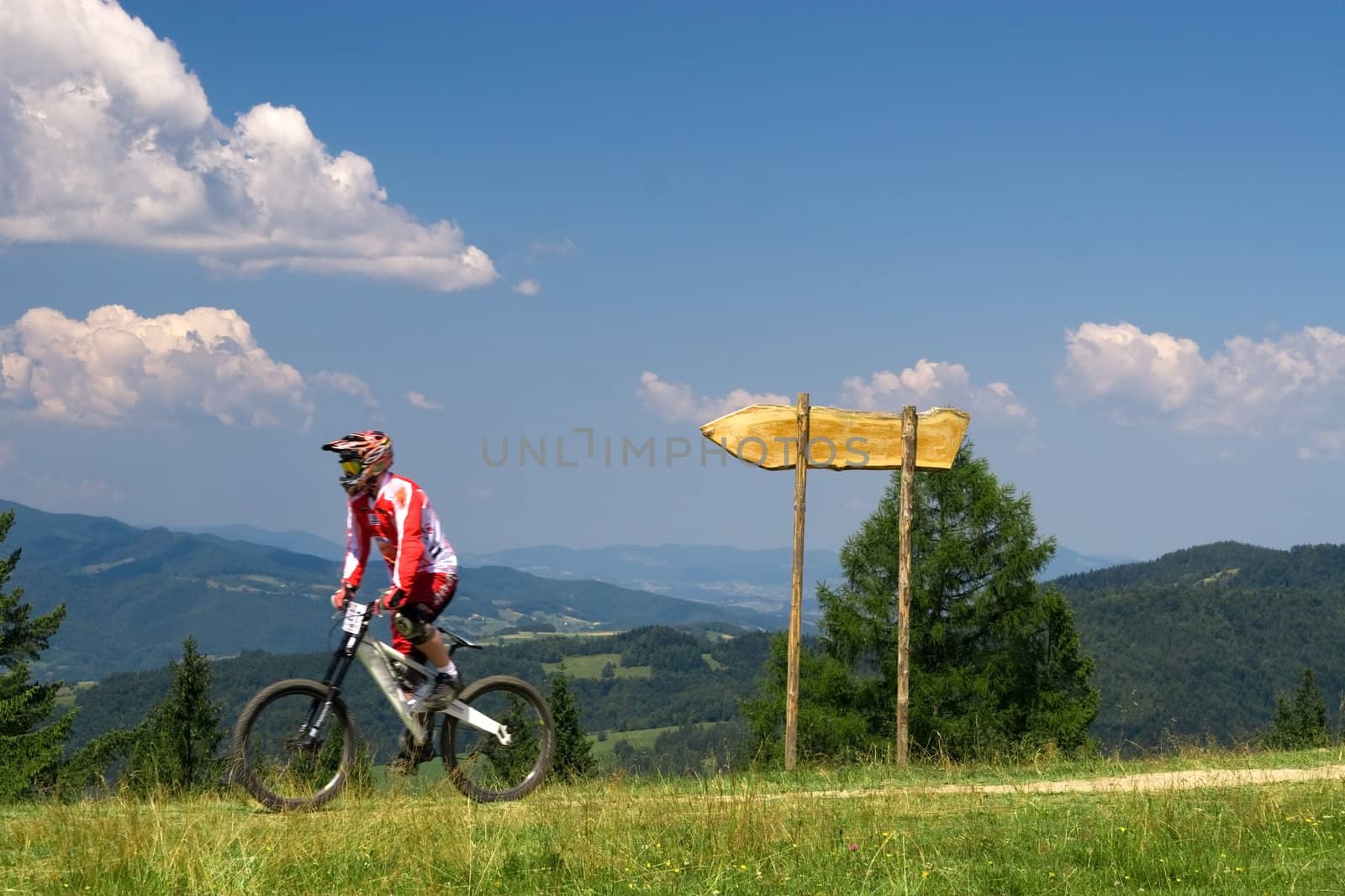 MTB extreme biker and wooden signpost