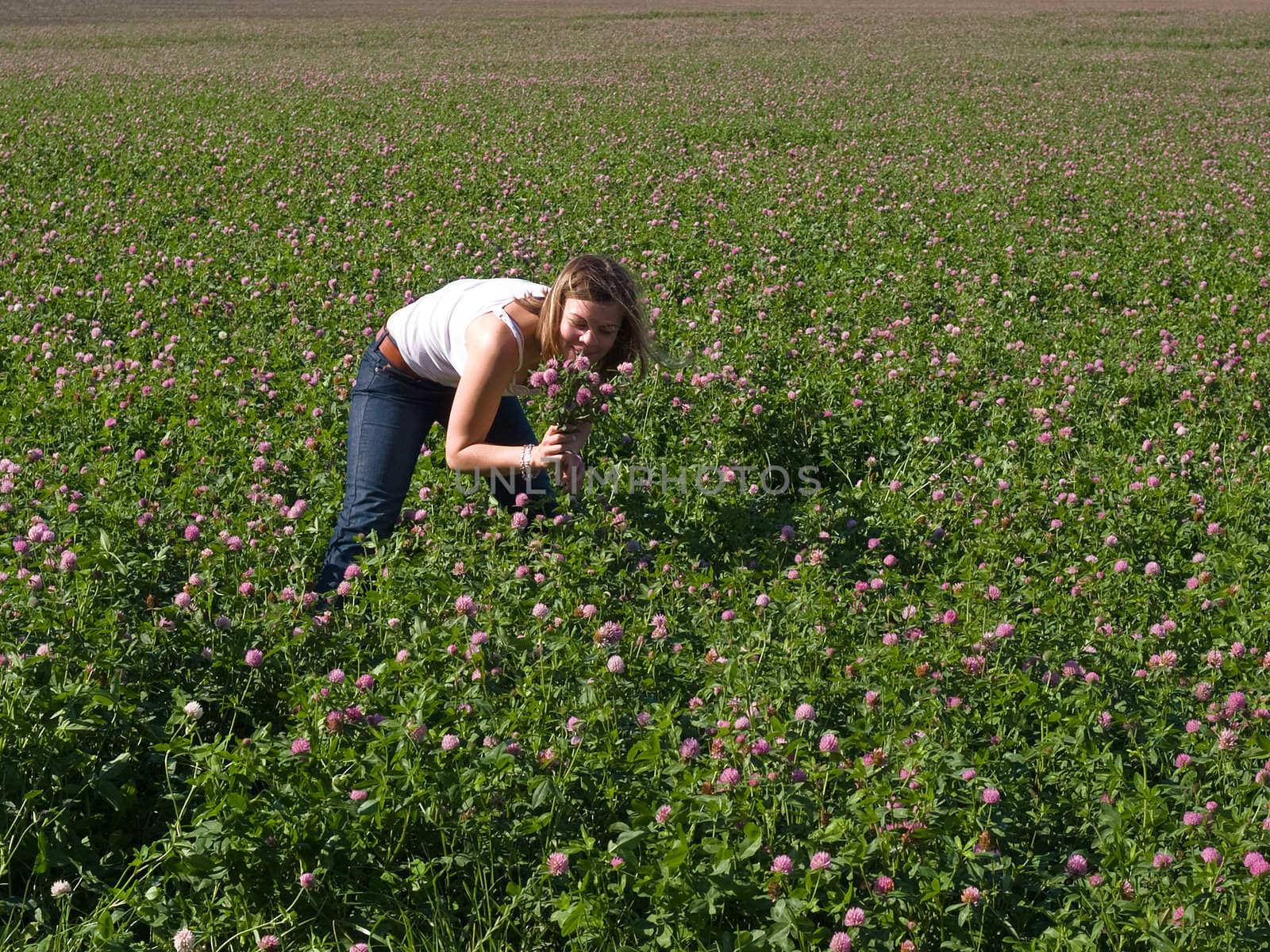 Beautiful young happy woman girl picking flowers in a field