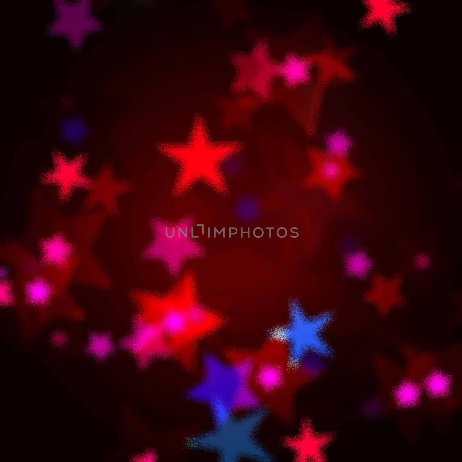 red, blue and pink stars over dark background with feather center