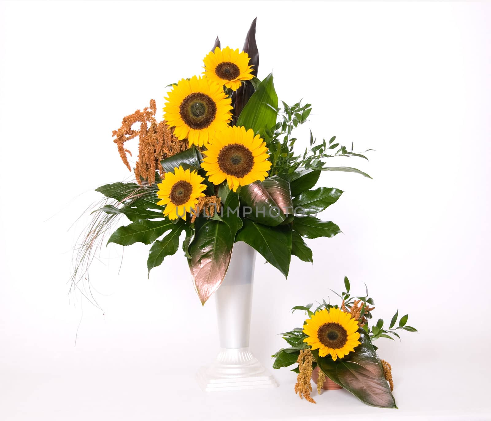 Summer decoration with sunflowers and green leafs
