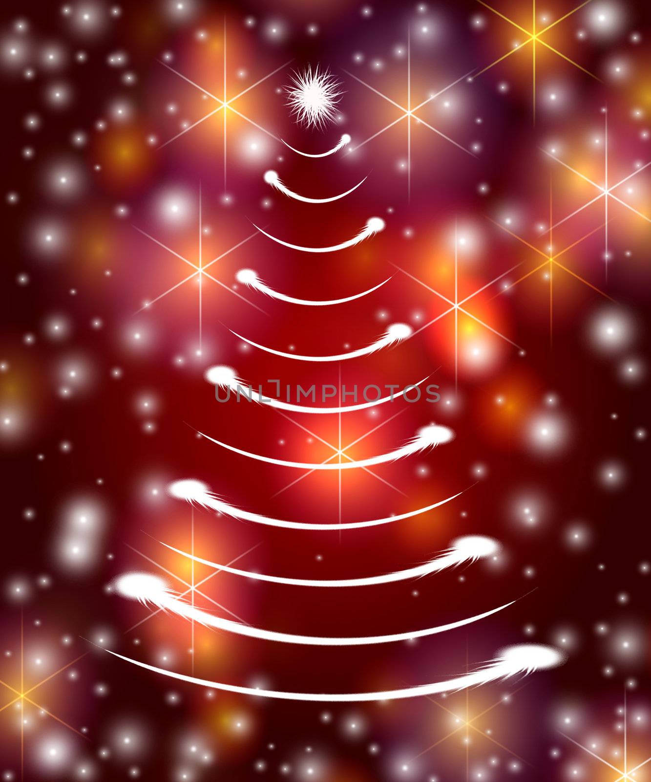 christmas tree drawn by white lights over red background with stars