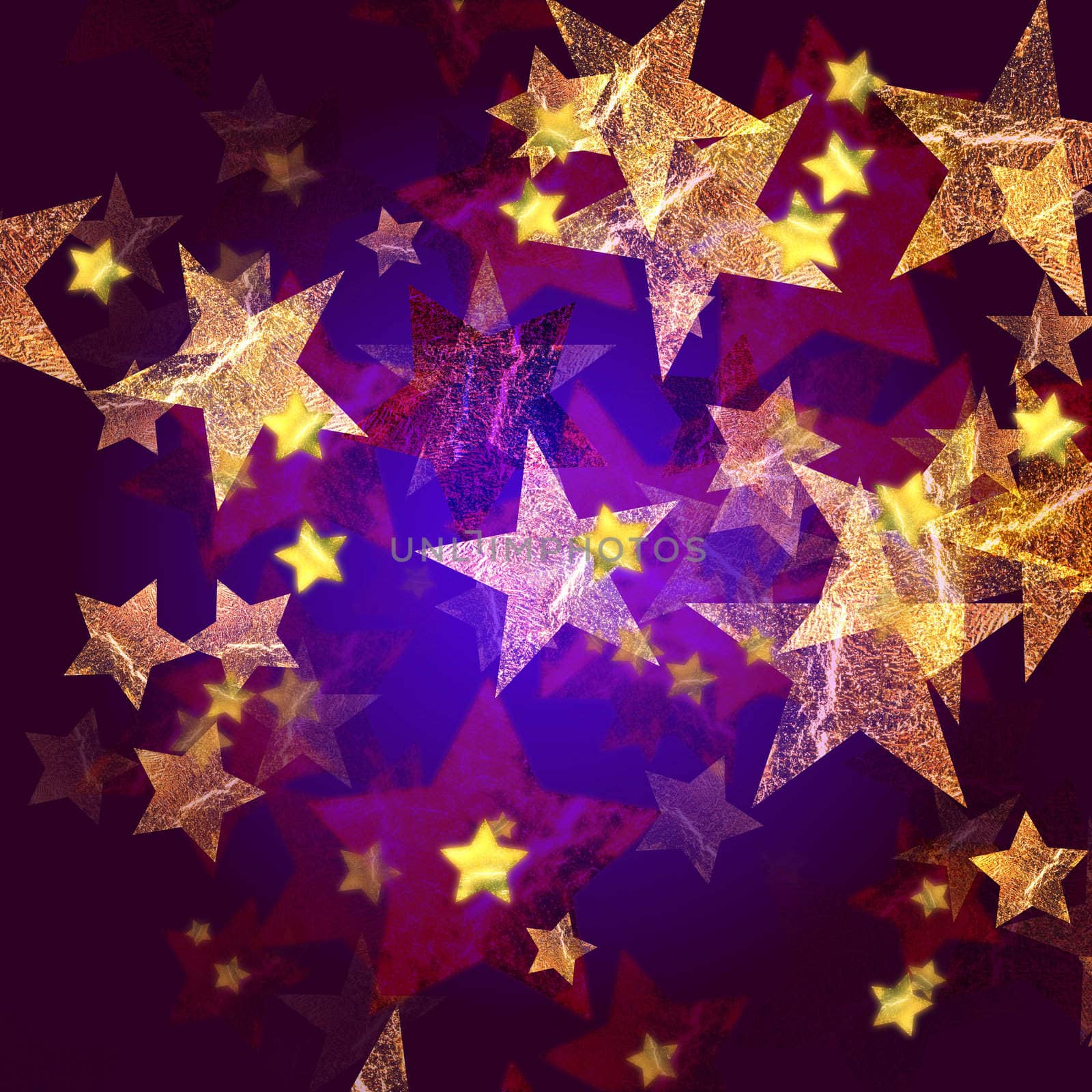 golden yellow stars over blue violet background with feather center