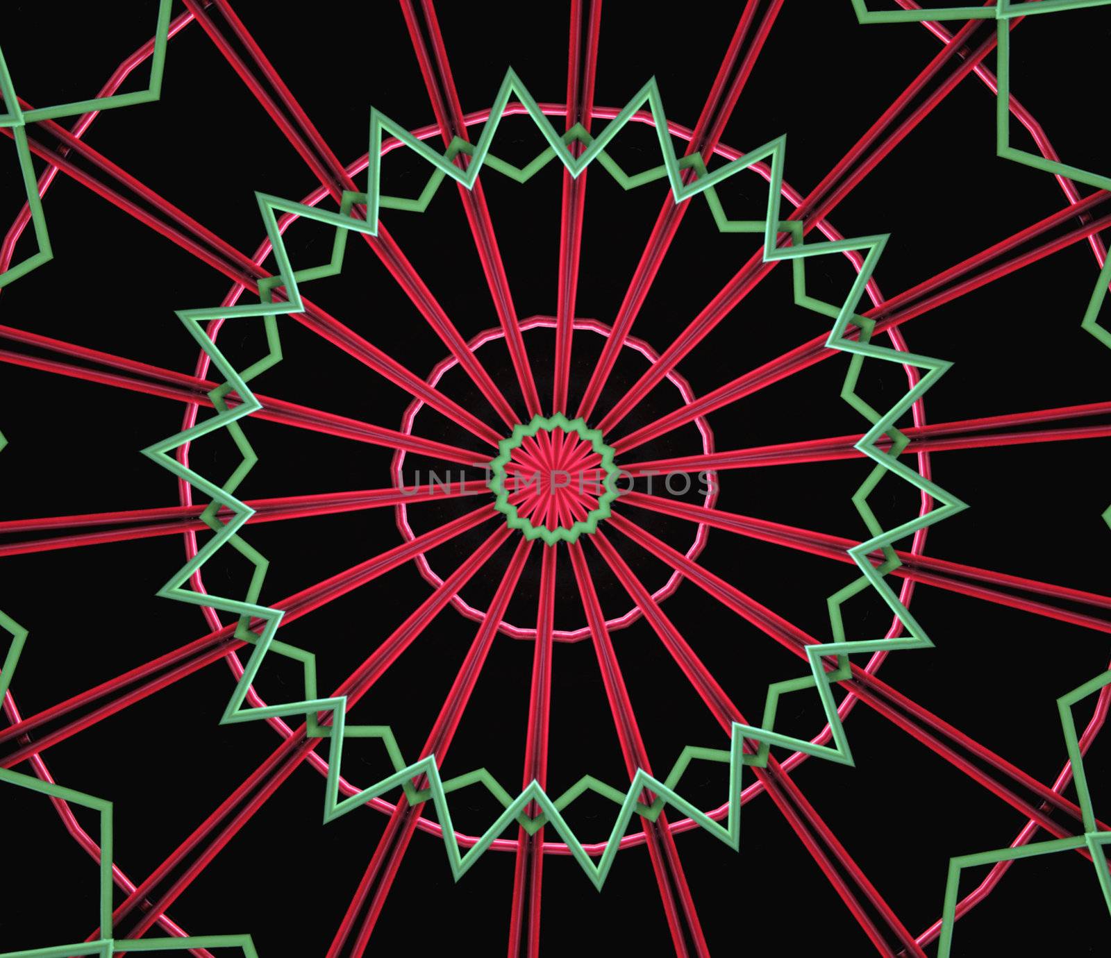 red and green abstract resembling a glowing ferris-wheel on black