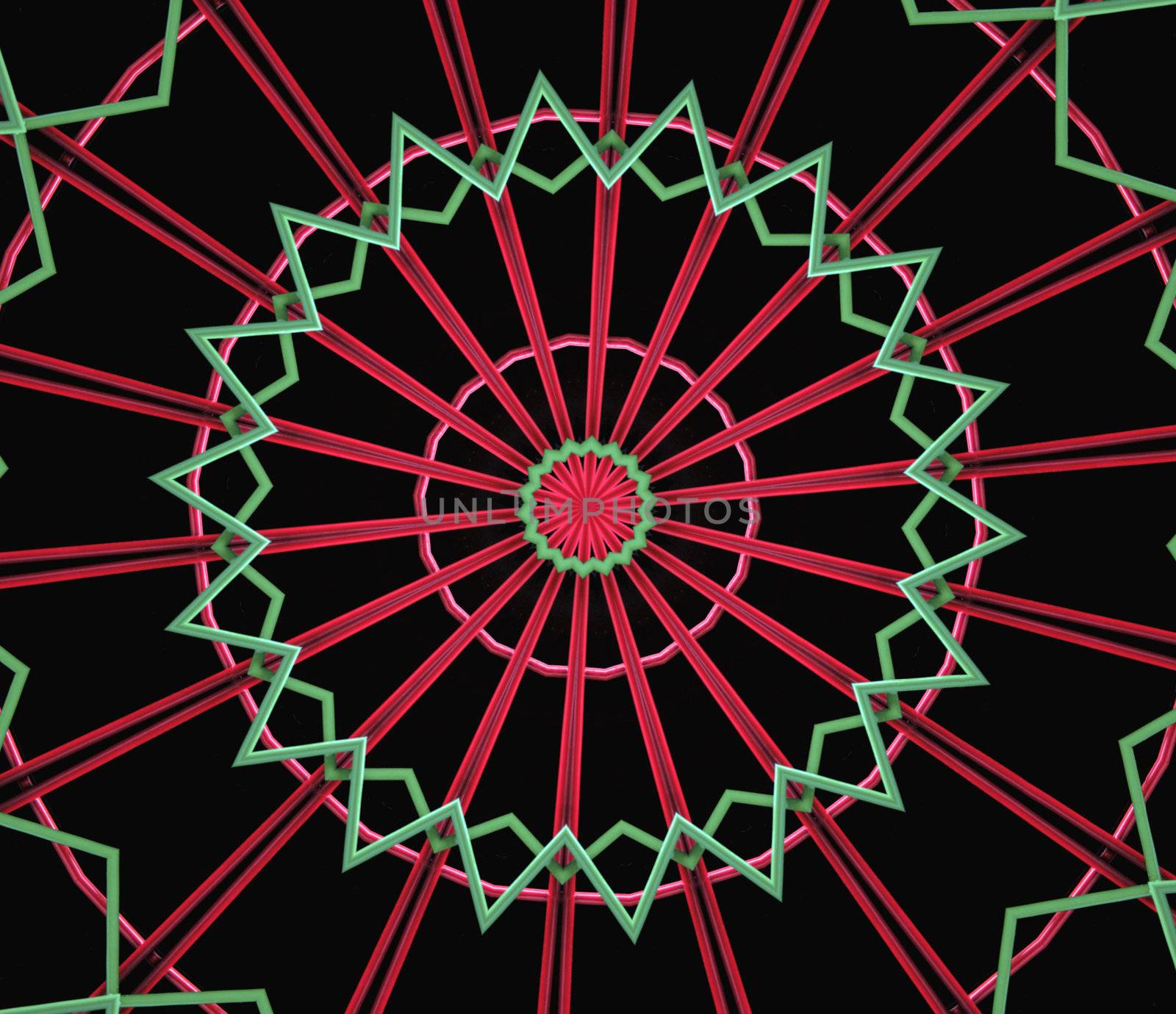 red and green abstract resembling a glowing ferris-wheel on black